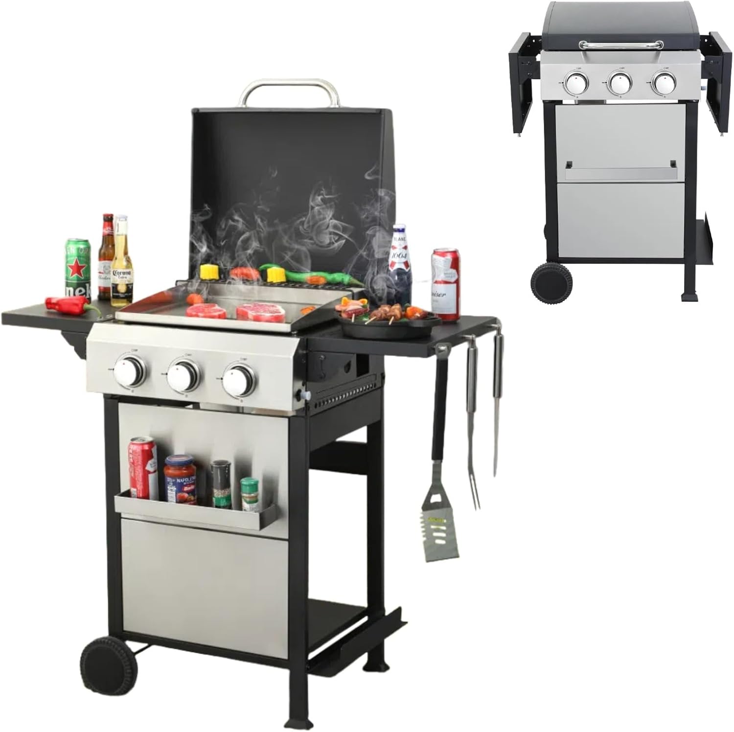 3-Burner Propane Gas Grill, 36900 BTU Stainless Steel Plancha Outdoor BBQ Grill with Foldable Side Table, Enamel Grids & Wheels for Patio, Garden Cooking