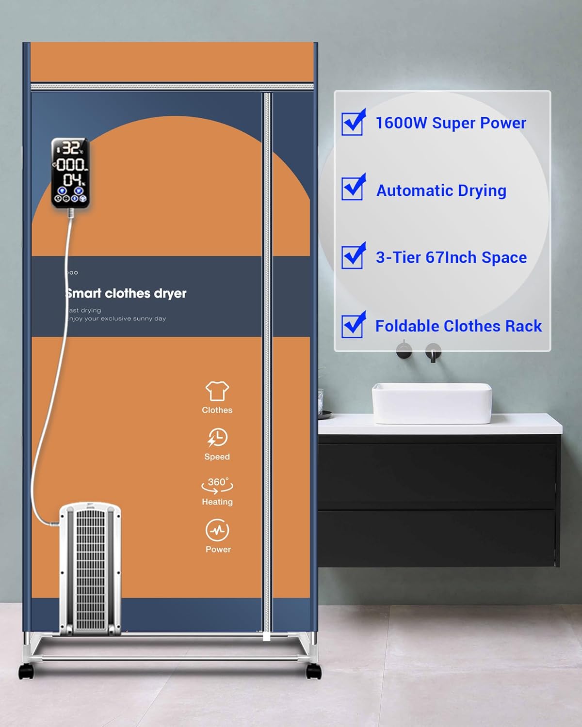 Portable Clothes Dryer, 110V -1600W Portable Dryer, 67Inch -3 Tier Foldable Clothes Dryers Rack, Energy Saving Portable Dryer for Apartment, Indoor, Travel, RV