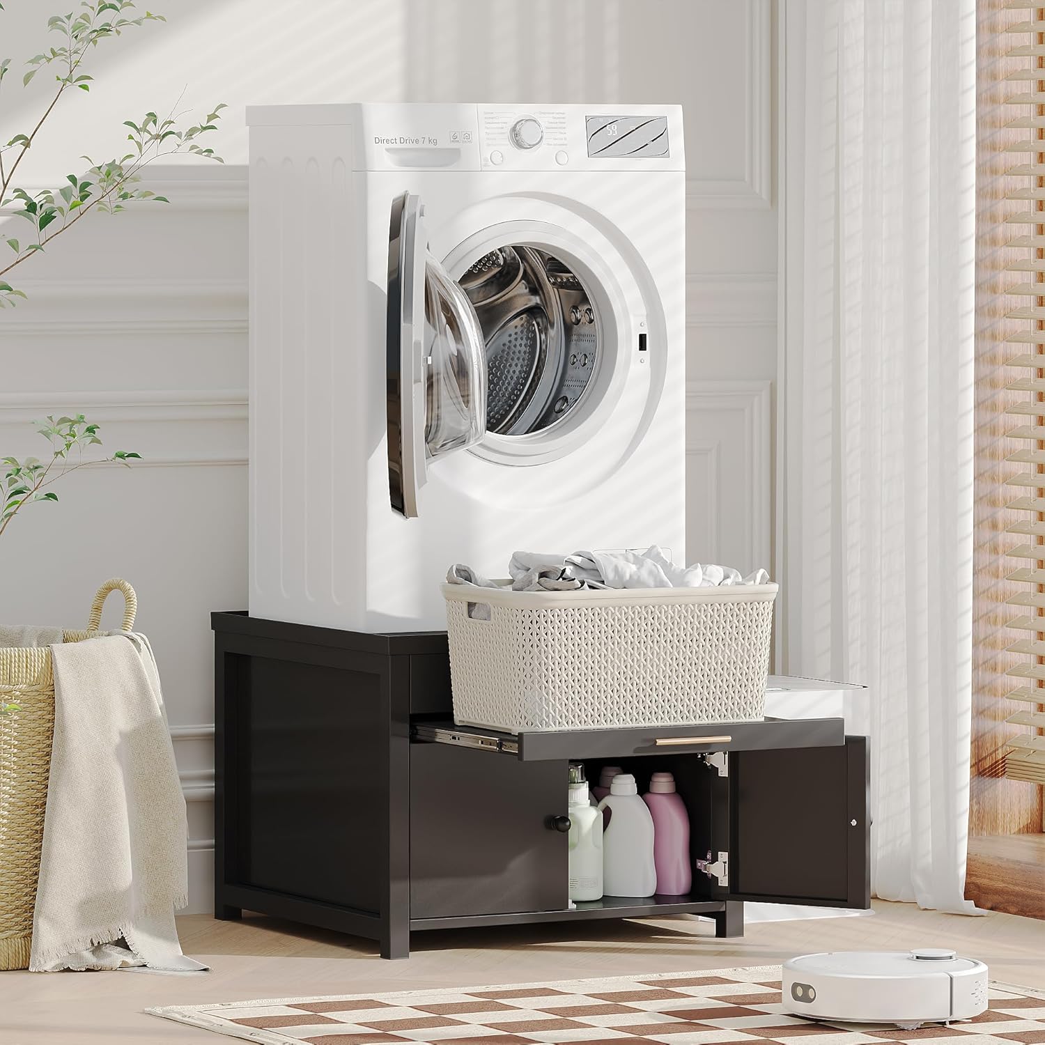 Laundry Pedestal for Washer and Dryer, Heavy Duty Metal Washer Dryer Pedestal Stand With Basket Shelf, 29