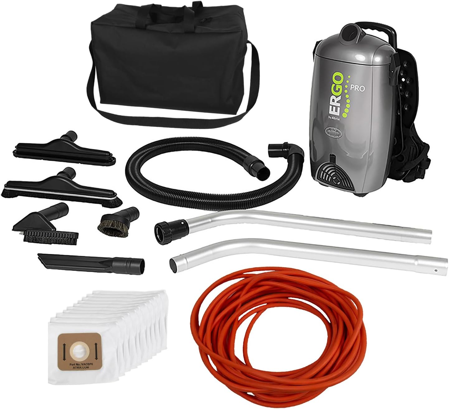 Atrix Ergo Pro Backpack Vacuum Pro Clean Kit – 8-Quart HEPA Commercial Backpack Vacuum with 1400W Motor, 106 CFM Suction, Bonus 10 HEPA Bags, Carry/Storage Bag & 50′ Extension Cord (VACBPAI-PK)
