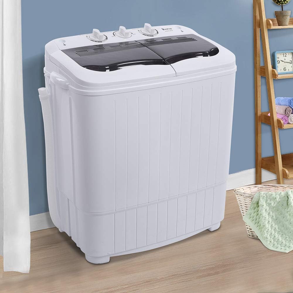 Compact Mini Twin Tub Washing Machine, Portable Laundry Washer w/Wash and Spin Cycle Combo, Built-in Gravity Drain, 14lbs Capacity for Camping, Apartments, Dorms, College Rooms, RV’s and more