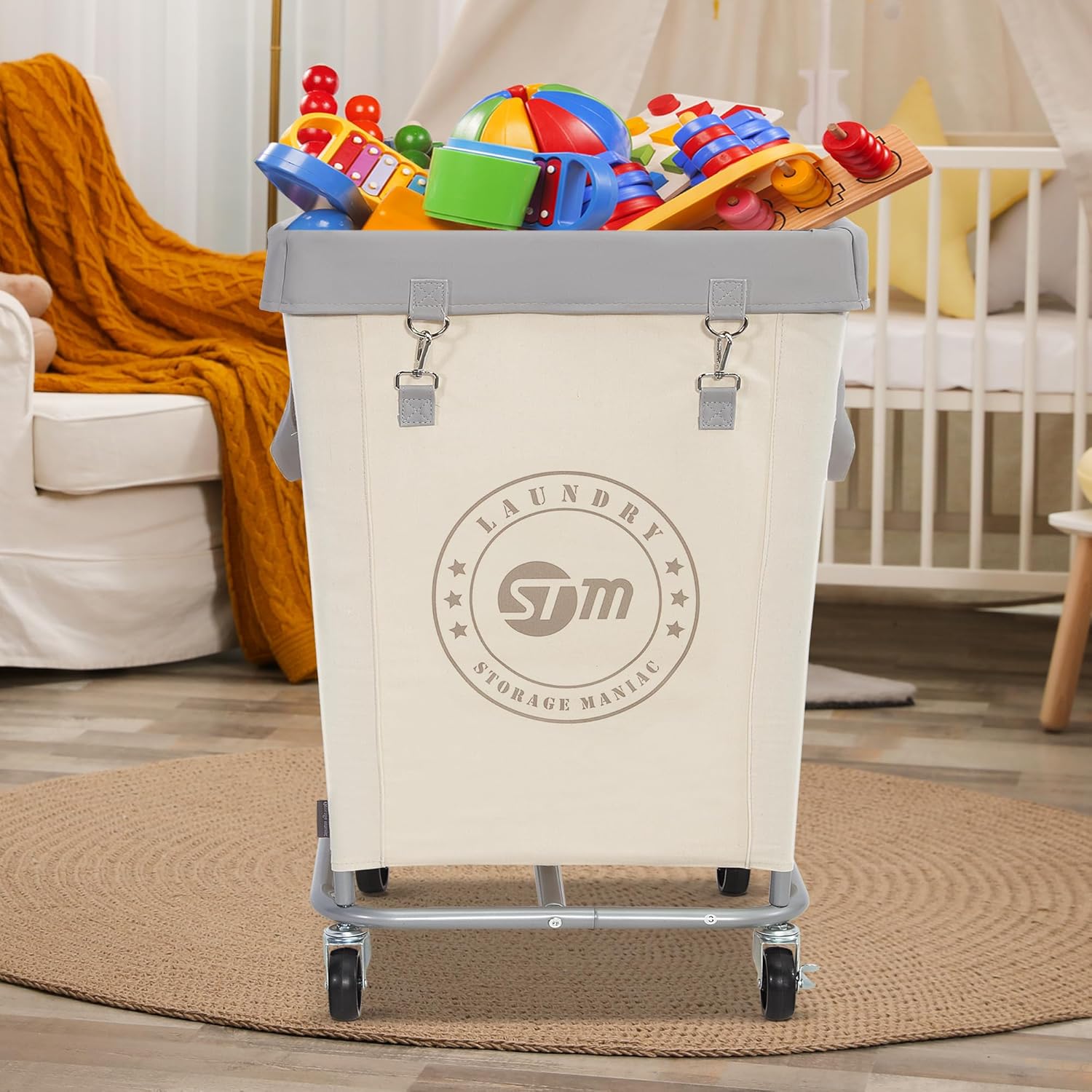 STORAGE MANIAC Commercial Laundry Hamper with Heavy Duty Steel Frame, 160 L Industrial Laundry Basket Cart with Wheels for Hotel, Home, Laundry Room, 17.72''L x 17.72''W x 30.91''H, Medium Beige