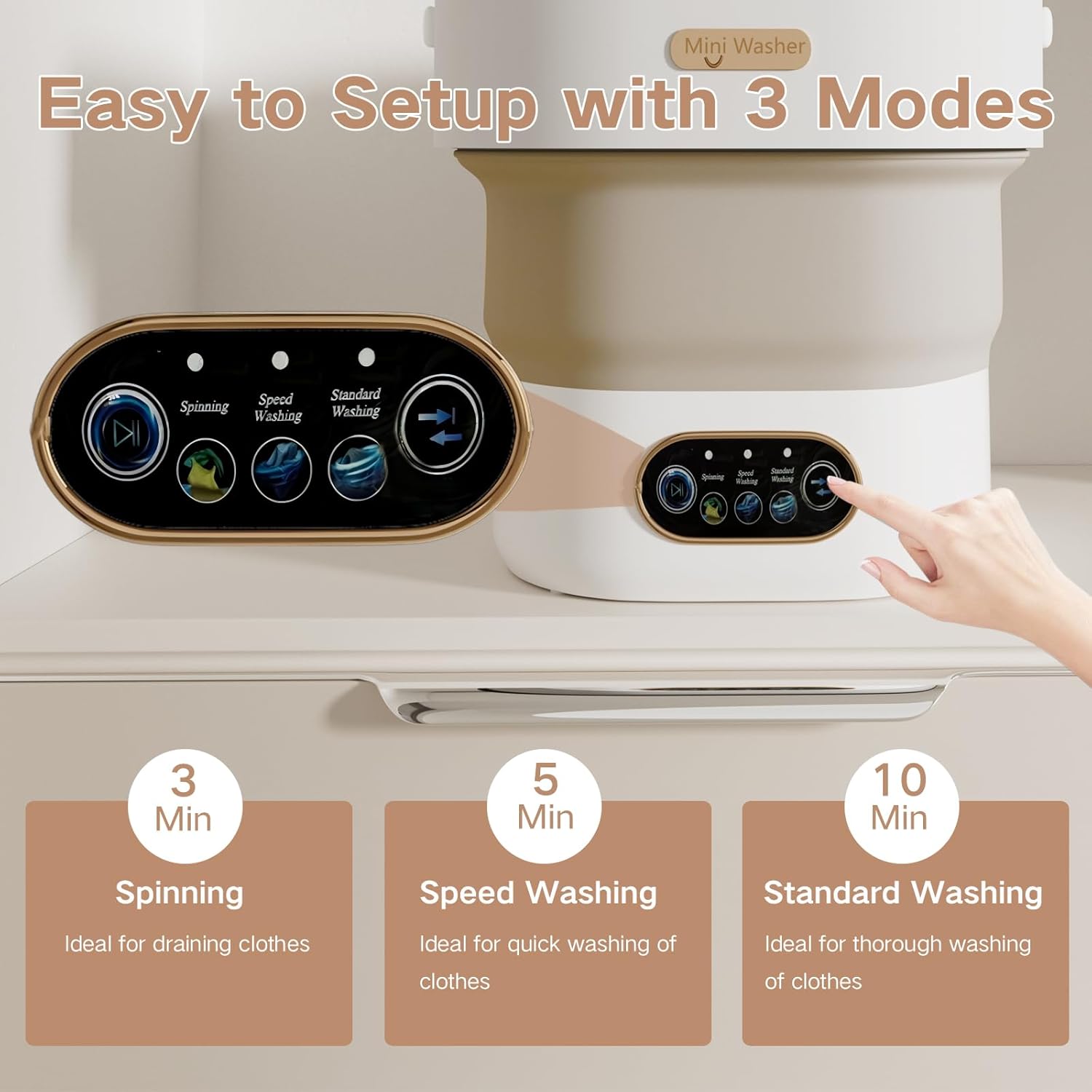 Portable Washing Machine, 15L Mini Collapsible Washer with 3 Cleaning Modes for Baby Clothes, Underwear, Small Foldable Laundry for Travel Apartment Home Dorm Hotel Camping (White+Khaki 16L)