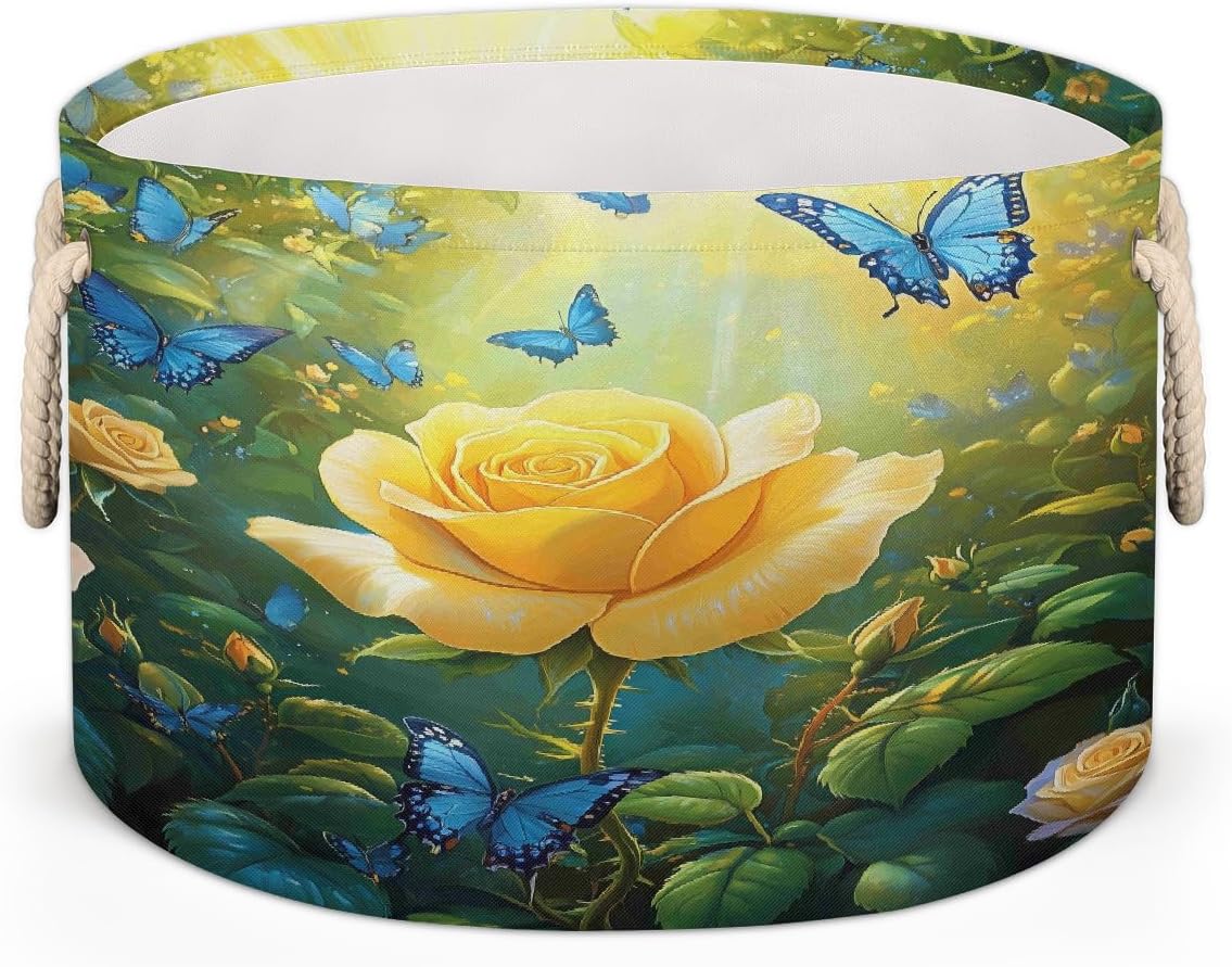 Forest Yellow Rose Butterfly Round Storage Basket Laundry Hamper Collapsible Laundry Basket with Handles Large Canvas Storage Bin for Clothes Toys Nursery Bedroom Closet Organizer