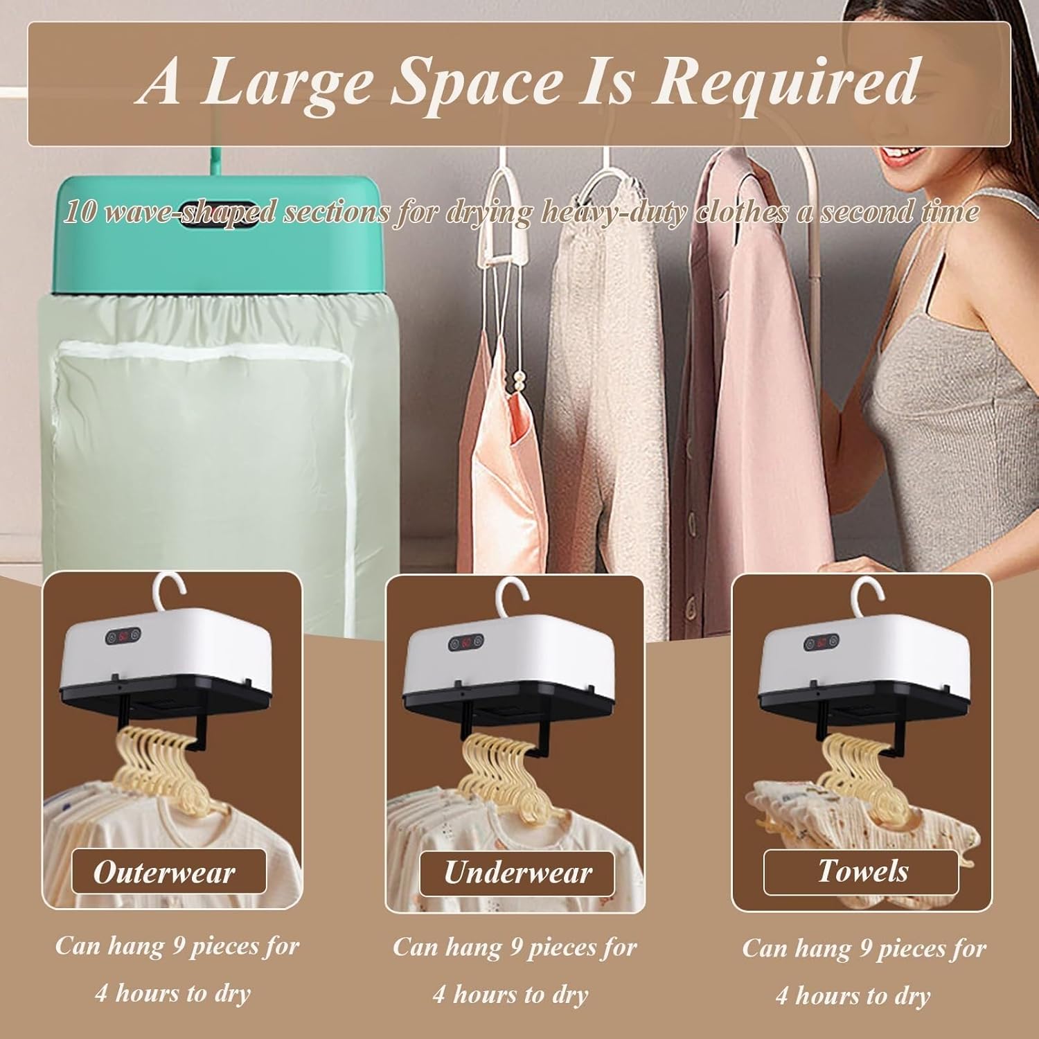 Portable Clothes Dryer Small Compact Foldable Electric Drying Machine with Dry Bag for Travel,RV, Home,Apartment(Green)