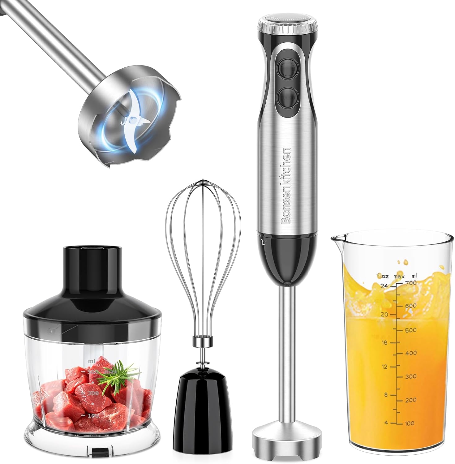 Bonsenkitchen 4-in-1 Immersion Blender Handheld, 20 Speeds Hand Blender with Turbo Mode, Stainless Steel Blade, Egg Whisk, Beaker & Chopper Bowl, Stick Mixer for Soup, Smoothie, Puree, Baby Food
