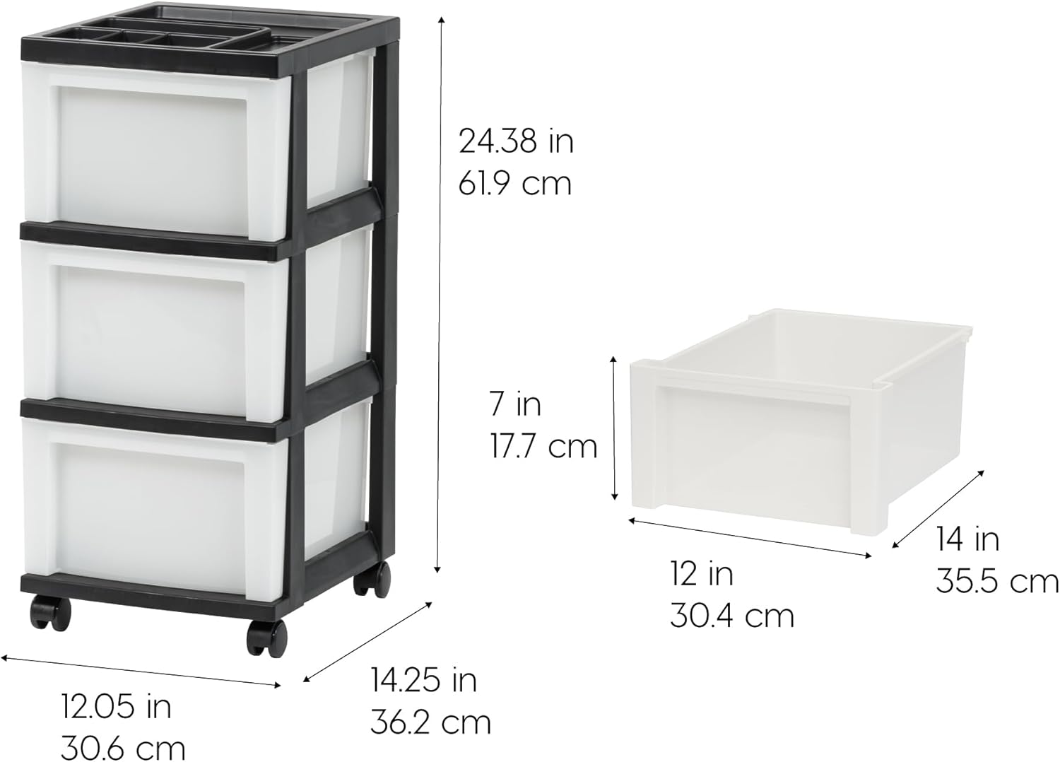 IRIS USA Plastic Drawer Storage Organizer Rolling Cart, with Wheels Casters, 3-Drawers, for Classroom Art Craft Supplies Dresser Closet Bathroom Laundry Room, Black/Pearl