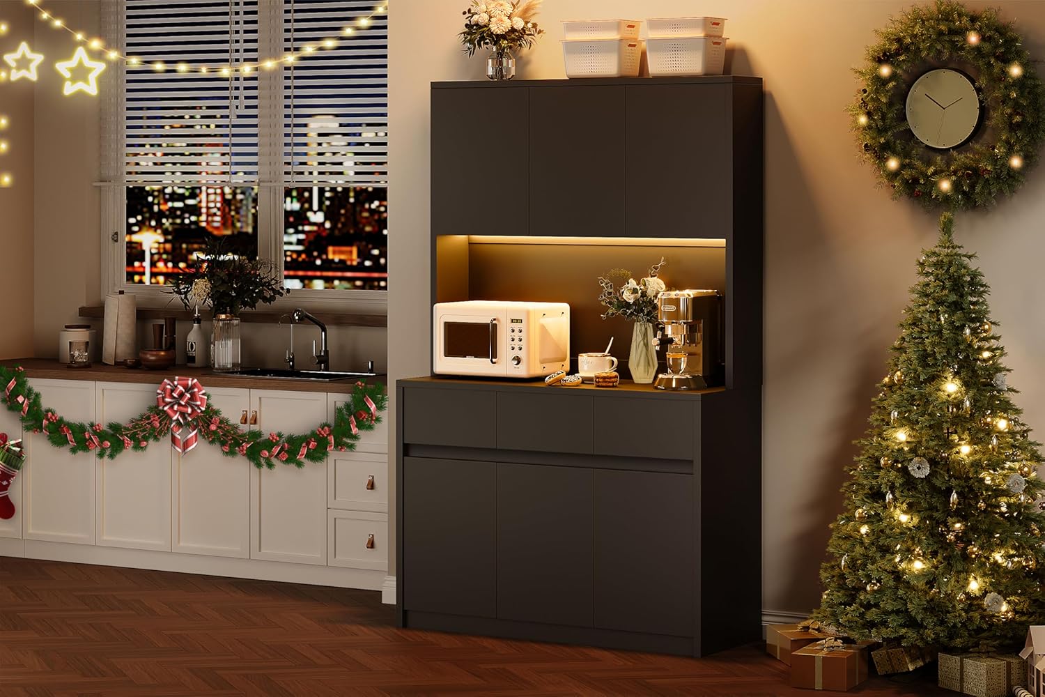 Contemporary Tall Pantry Cabinet with LED Lights & Charging Station - Adjustable Shelves, Drawers, Microwave Countertop - Multipurpose Storage Hutch for Entryway or Living Room, Black