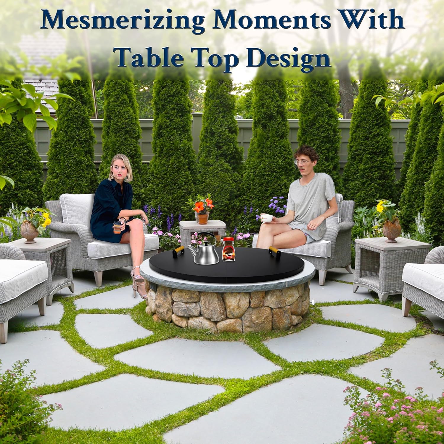 42” Round Fire Pit Lid – Heat Resistant Fire Pit Cover Lid Round for Outdoor Fireplace -16 Gauge Steel Flat Fire Pit Burner Pan Cover with Dual Wooden Handles Snuffer Lid for Patio Fire Pit Ring