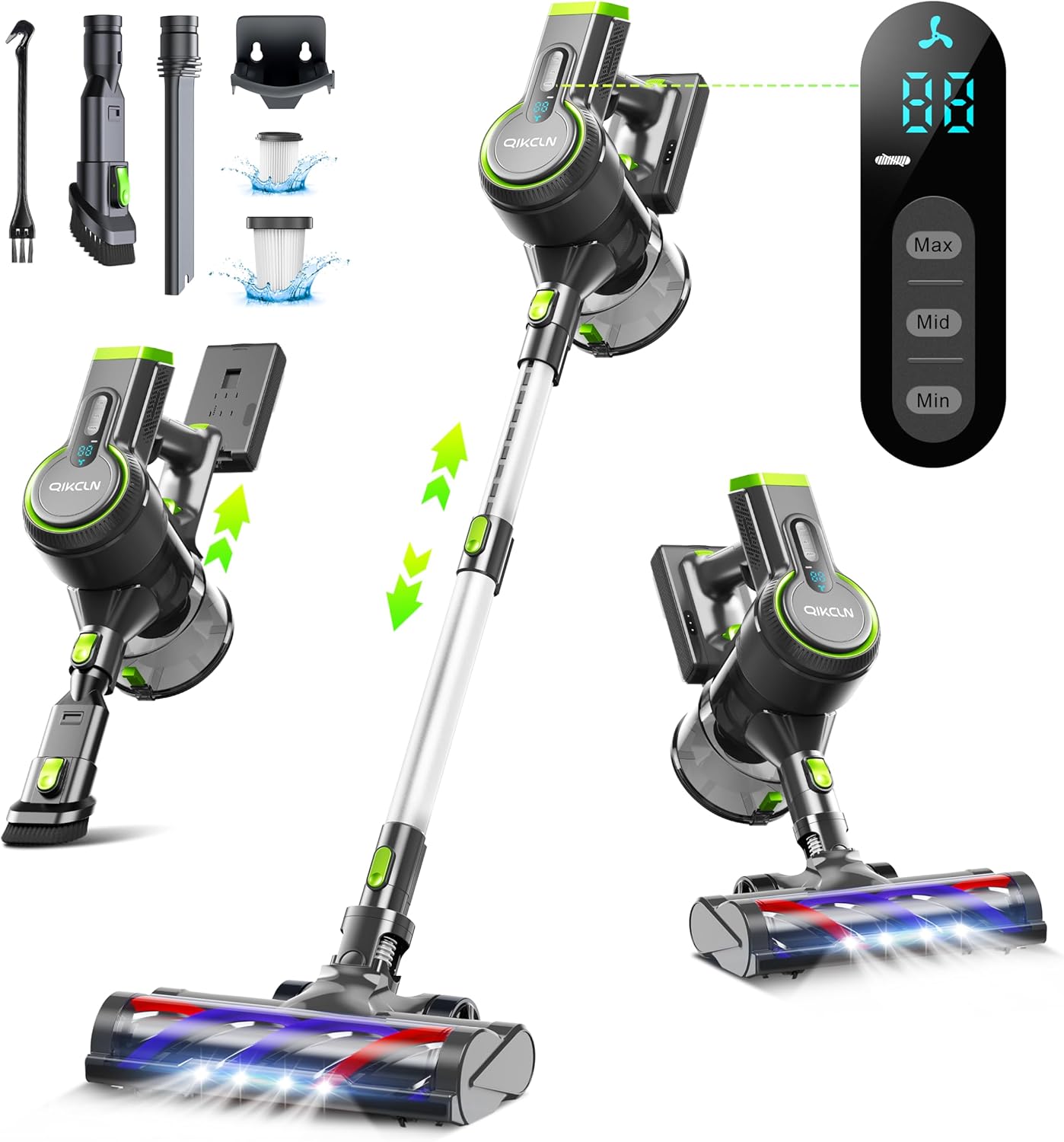 Cordless Vacuum Cleaner, 23Kpa Powerful Vacuum Cleaners for Home, 3 Modes & 45 Mins Runtime, Lightweight Portable Stick Vacuum with LED Headlight for Hardwood, Pet Hair (Green)