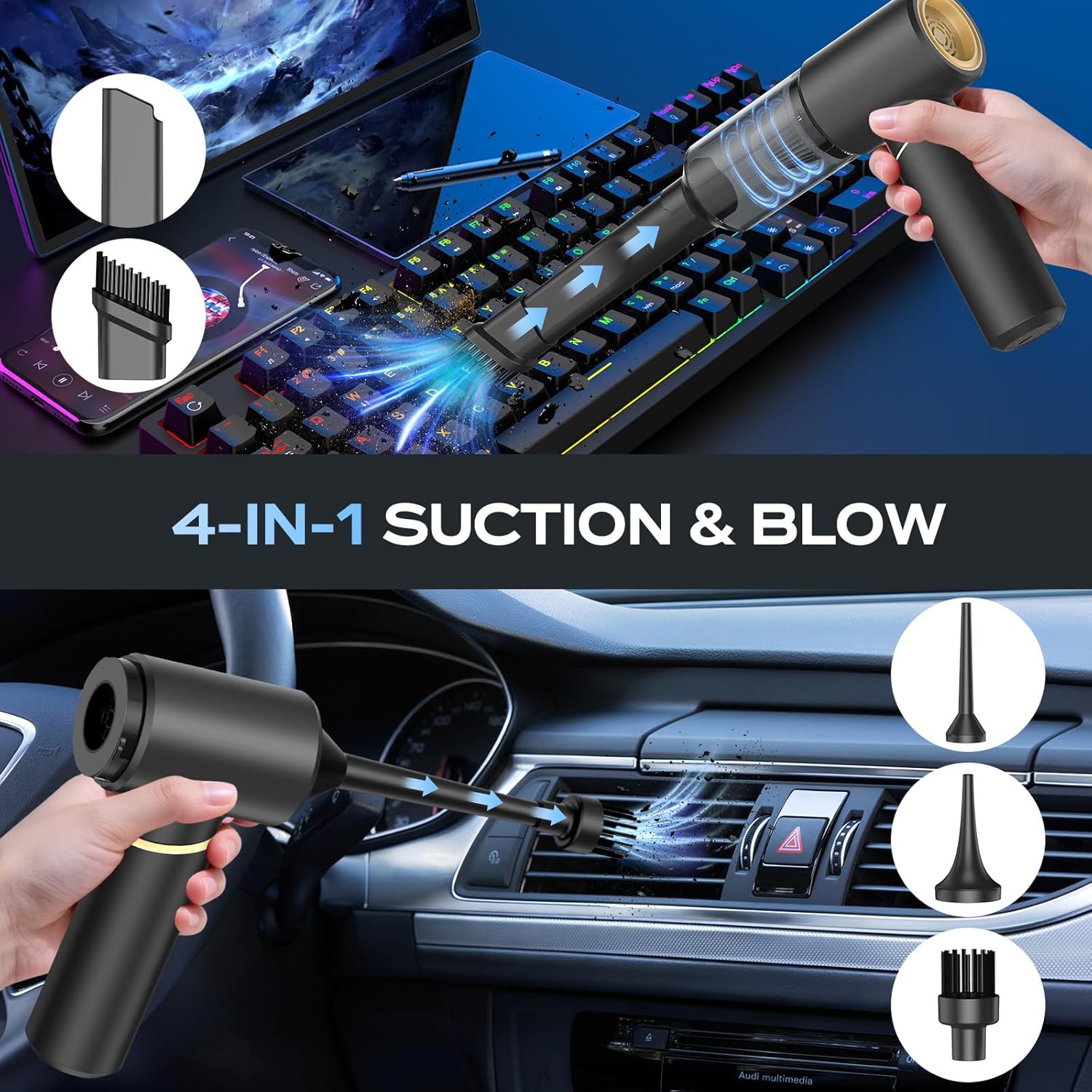 Handheld Vacuum Cordless Rechargeable, Car Vacuum Portable Cordless with Strong Suction15Kpa, Hand Vacuum Ultra-Quiet (75dB), 21min Runtime, Lightweight (1.25 lbs) for Car, Pet Hair, Home