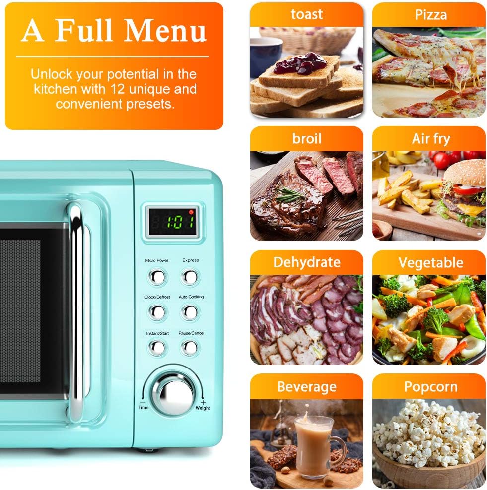 Retro Microwave Oven,Safeplus 0.7Cu.ft, Countertop 700W Microwaves with Cold Rolled Steel Plate 5 Micro Power Defrost & Auto Cooking Function LED Display Glass Turntable and Viewing Window Child Lock