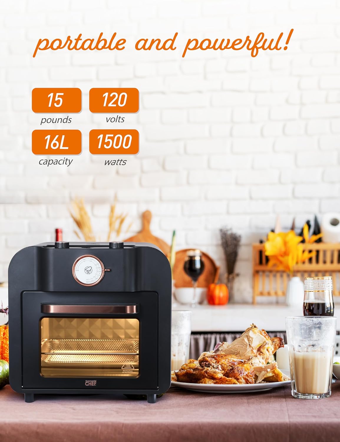 COMMERCIAL CHEF Air Fryer Multi-Oven, 17-QT Multifunctional & Multi Level Air Fryer with Bake, Broil, Roast, Warm & Toast for Rotisserie Chicken, Pizza & More, 1500 Watt Air Fryer Oven