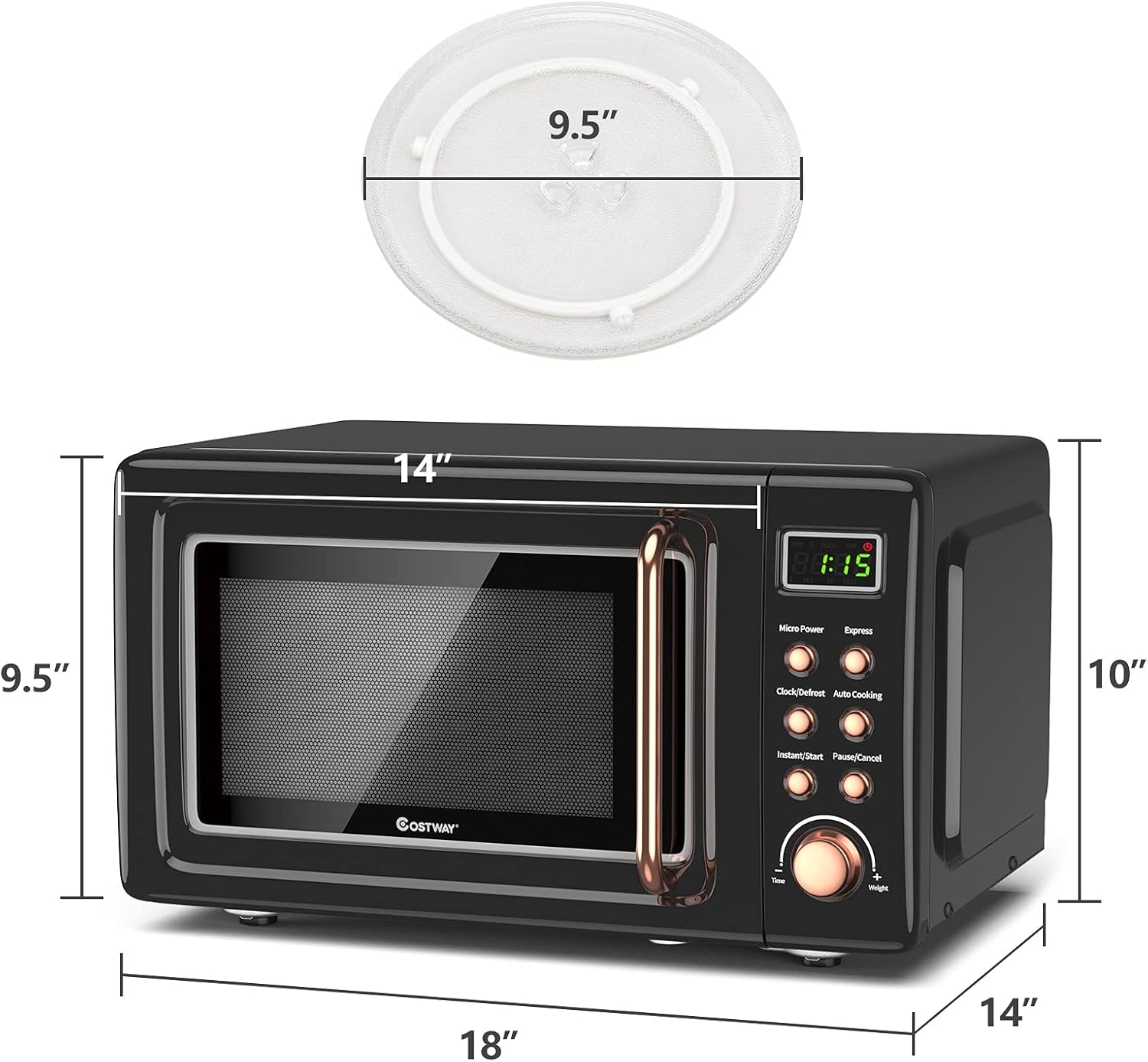 COSTWAY Retro Countertop Microwave Oven, 0.7Cu.ft, 700-Watt, High Energy Efficiency, 5 Micro Power, Delayed Start Function, with Glass Turntable & Viewing Window, LED Display, Child Lock (Gold)