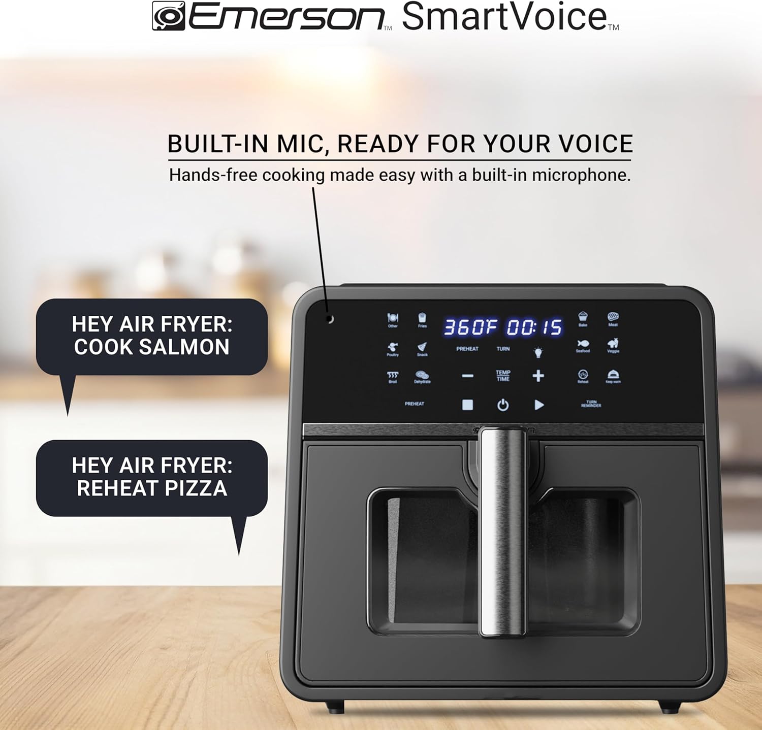 Emerson SmartVoice 10QT 6-in-1 Air Fryer, 1000+ Voice Control Commands, 100+ Recognized Food, No APP, No WIFI, No Setup, Nonstick Basket, Air Fry, Bake, Reheat, Dehydrate, 1700W