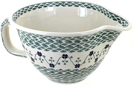 Blue Rose Polish Pottery - Green Sage Floral Batter Bowl - 10 Cup Capacity - Hand-Painted Ceramic Mixing & Pouring Bowl with Handle and Spout