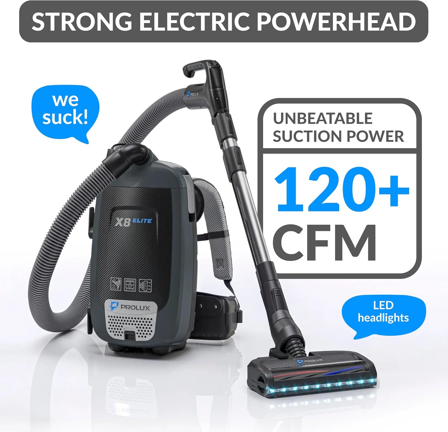 Prolux X8 Elite Canister Backpack Vacuum, HEPA Filtration, Tools for Every Cleaning Task on Any Surface, Illuminating LED Lights, Adjustable Straps