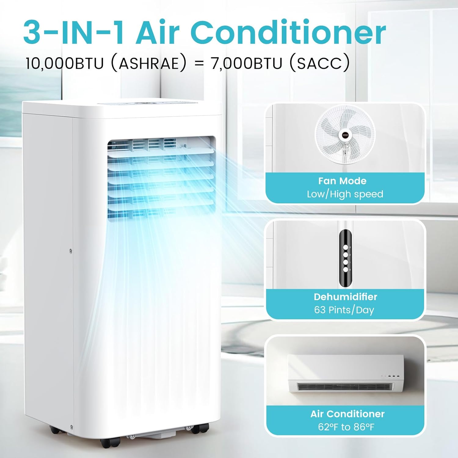 Antarctic Star Portable Air Conditioners Small Portable AC with Cooling, Fan, Dehumidifier Mode, 10,000 BTU, 24H Timer, Cooling up to 450 Sq.Ft. Window Kit Panel, 62ºF and 86ºF Temperature Range