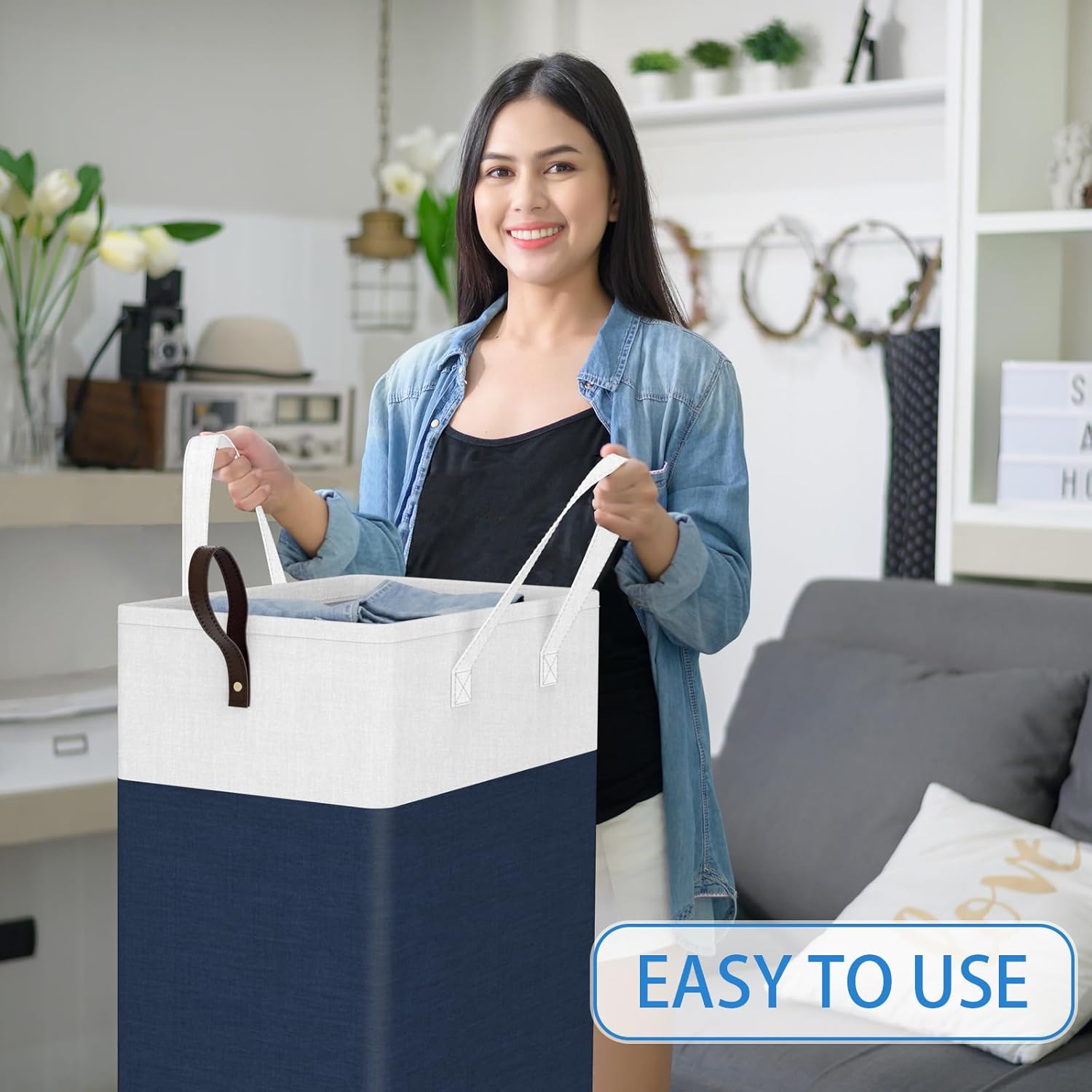 HomeHacks 90L Rolling Laundry Hamper with 4 Smooth Wheels, Collapsible Waterproof Clothes Basket, Freestanding Tall Hamper with Extended Handles for Bedroom/Dorm/Laundry Room (Blue)