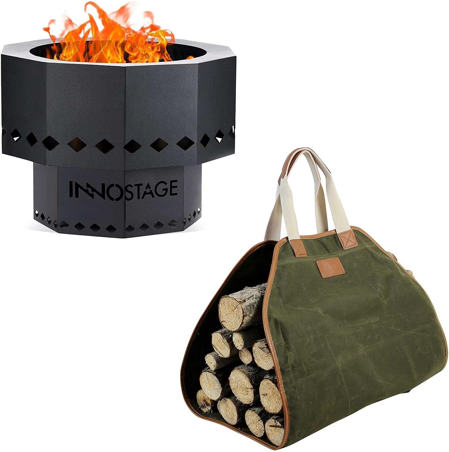 Patented Smokeless Fire Bowl Pit for Outdoor Wood Pellet Burning Spark and Canvas Log Carrier Bag