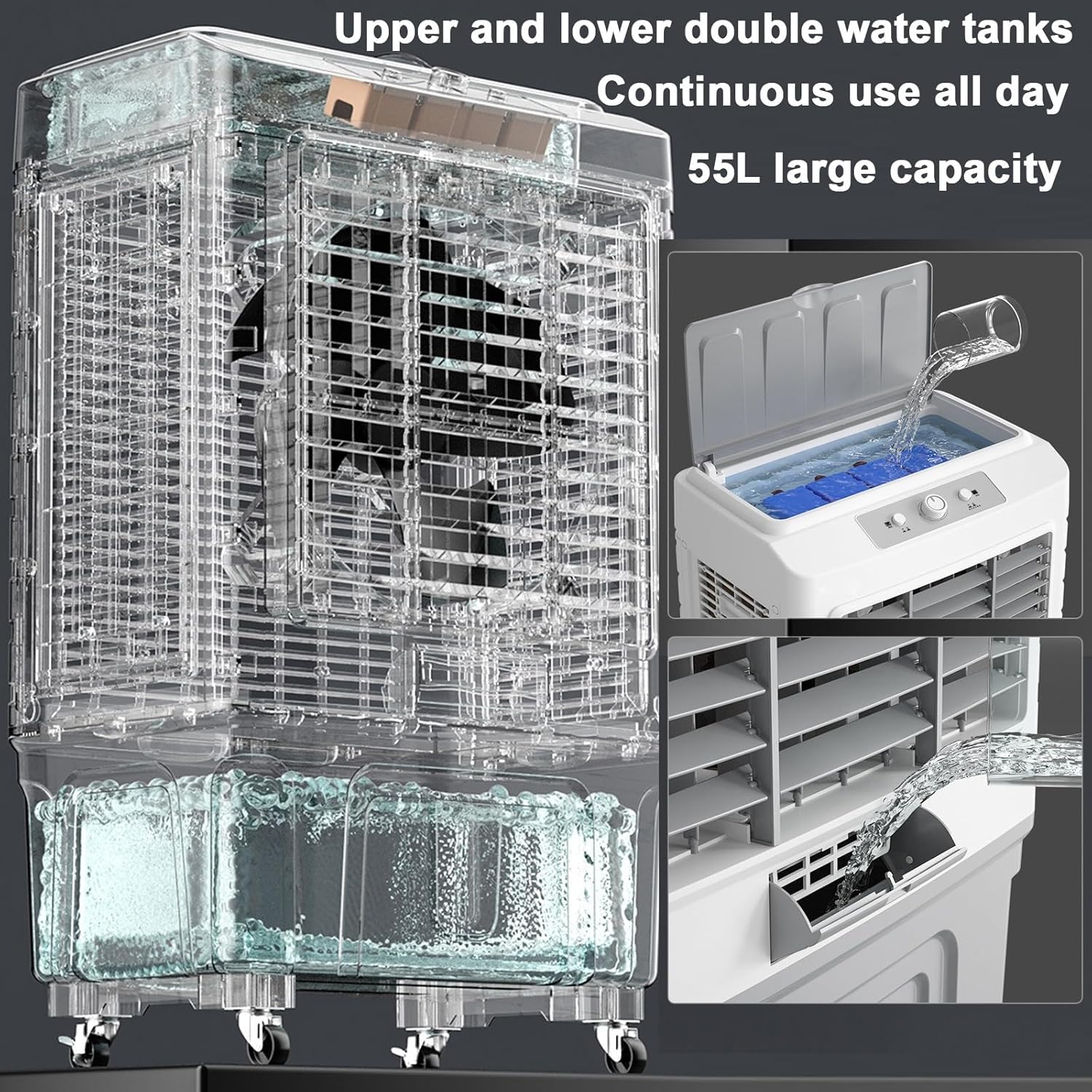 Swamp Cooler with Remote & 8H Timer, 6000CFM Evaporative Air Cooler w/ 13 Gal Water Tank, Portable 3-in-1 Air Conditioner, 3 Speeds & 4 Ice Packs, for Room Garage Patio(60x42x102cm/23.6x16.5x40in)