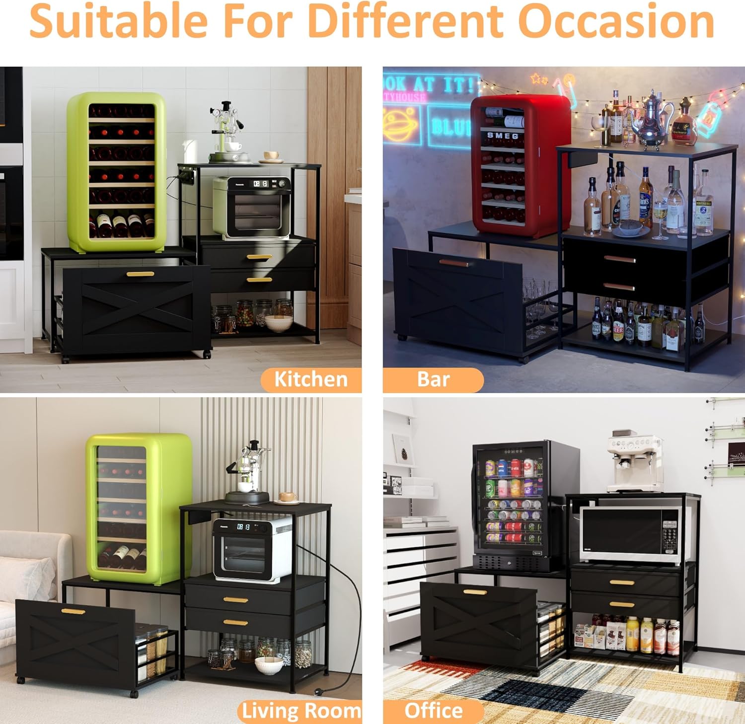 Mini Fridge Stand with Storage, Farmhouse Microwave and Mini Fridge Stand with Power Outlet & Cabinet, Kitchen Bakers Rack with Storage Shelf and Drawers for Home Dorm Office Bar, Black