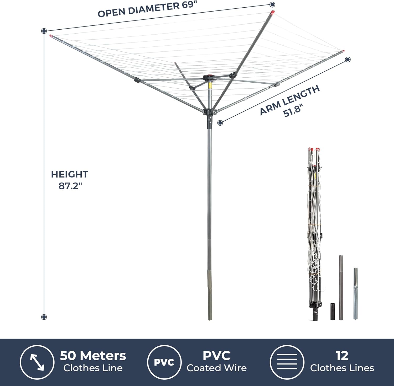STO STO Umbrella Clothesline Outdoor Drying Rack, 164 Feet Rotary Clothes Drying Rack with Adjustable Height, Folding Laundry Line with Metal Ground Spike for Backyard, Patio, Garden, Heavy Duty