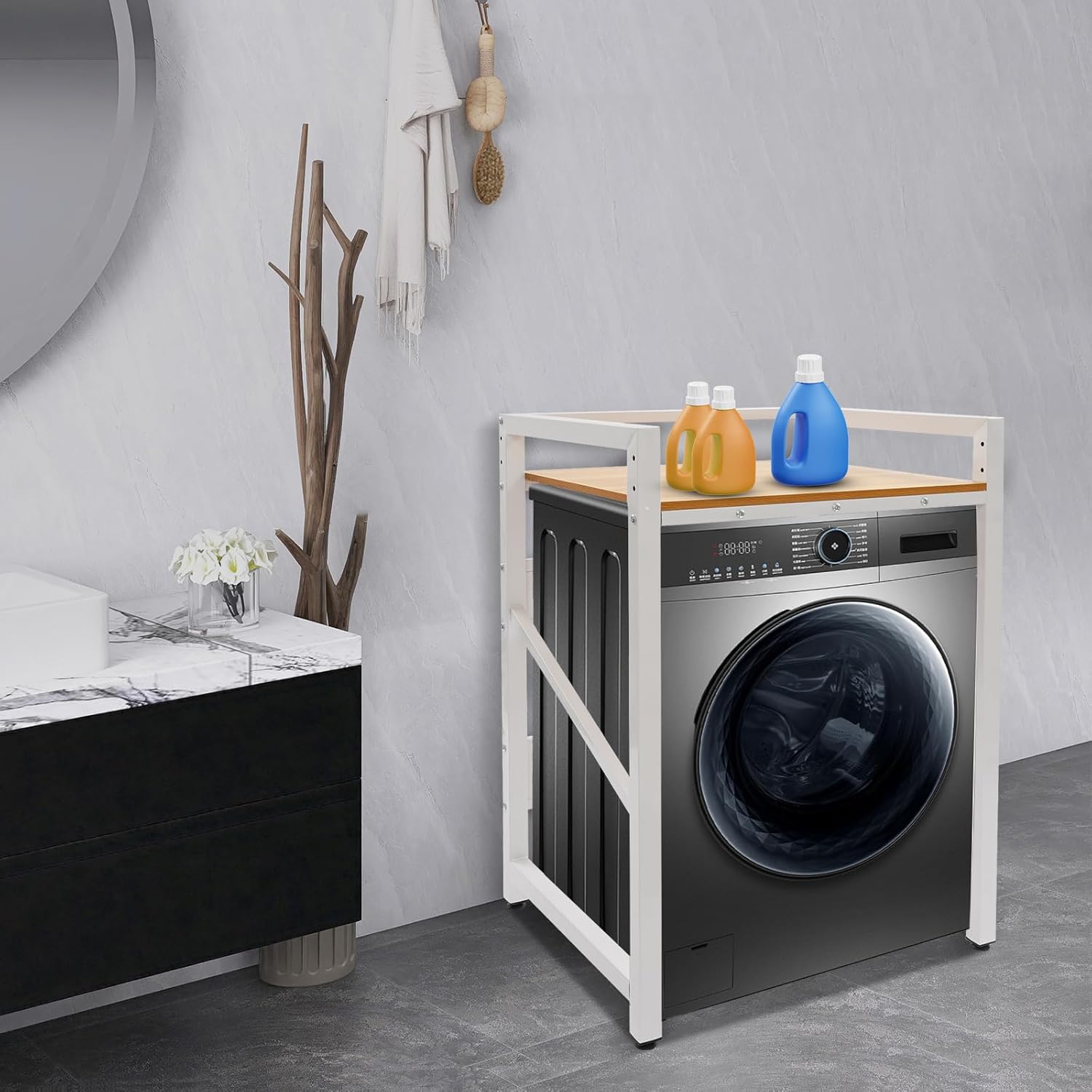 Washer Dryer Stacking Rack Stand, Height Adjustable Washer Dryer Machine Stacking Rack for Bathroom, Laundry Room (White+Yellow)