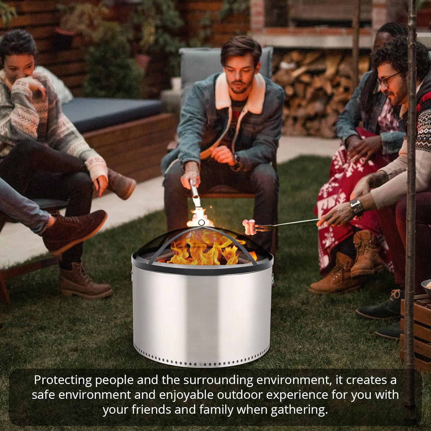 GarveeLife Fire Pit Spark Screen Cover for Campfires - Easy Lift Stainless Steel, Mesh Protector, Guide Rod Included, Outdoor Patio & Backyard Accessory, Black，36 * 36 * 7 in