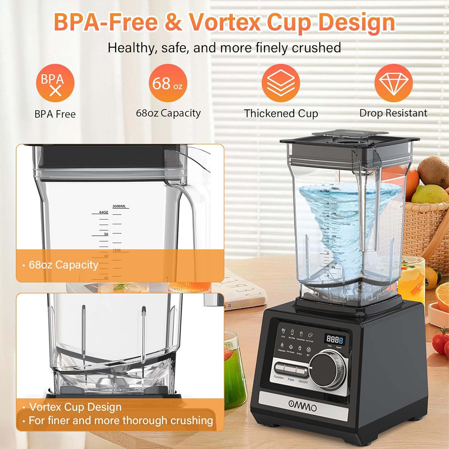 OMMO Blender, Peak1800W Blender for Smoothies, 68oz BPA-Free Smoothie Blenders for Kitchen with 9 Speed Control&Built-in Timer, Dishwasher Safe for Ice Crush, Smoothies, Frozen Drinks and Fruits
