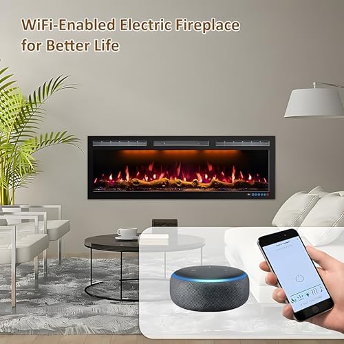 72 Inch WiFi-Enabled Electric Fireplace Inserts & Wall Mounted, Slim Electric Fireplace Heater, 750/1500w, Adjustable Flame Color, Remote Control & Touch Screen, Logs & Crystals, Black