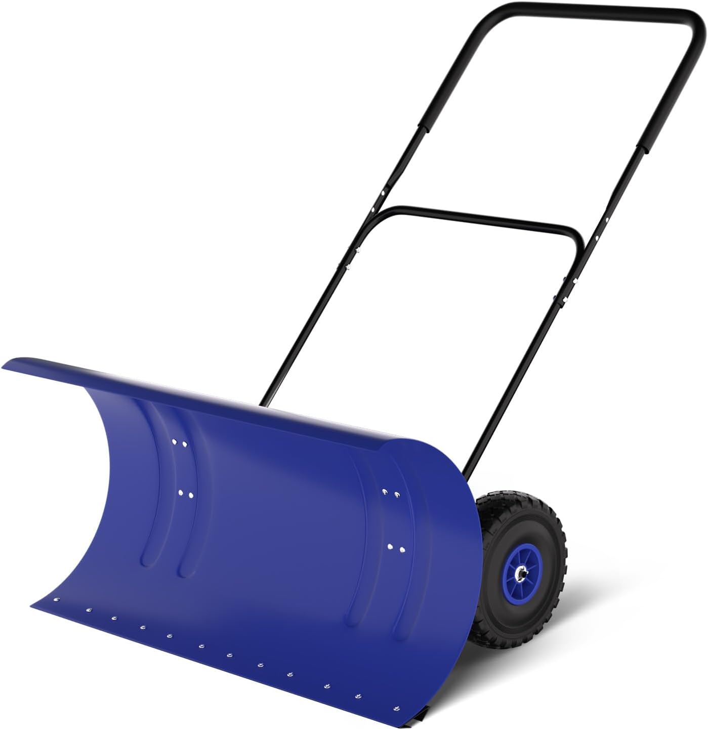 36In Heavy-Duty Steel Snow Pusher - Snow Shovel with Wheels, 5-Height Adjustable Handle & All-Terrain Non-Slip Wheels, Adjustable Angle for Snow Removal on Driveways, Sidewalks, Yards & Decks(Blue