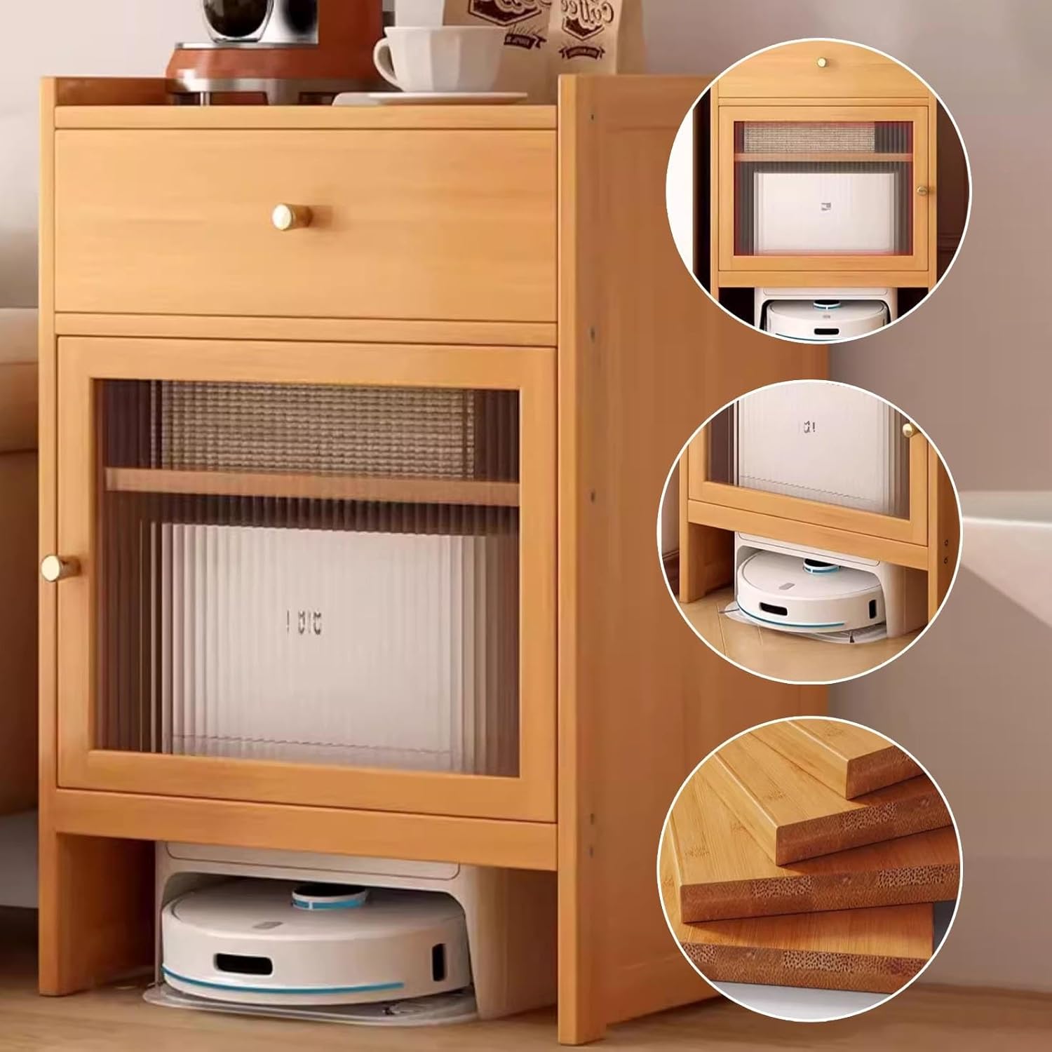 Vacuum Cabinet Storage, Robot Vacuum Hidden Storage Cabinet Bamboo Freestanding Rack for Living Room, Home Office, Kitchen(Natural)