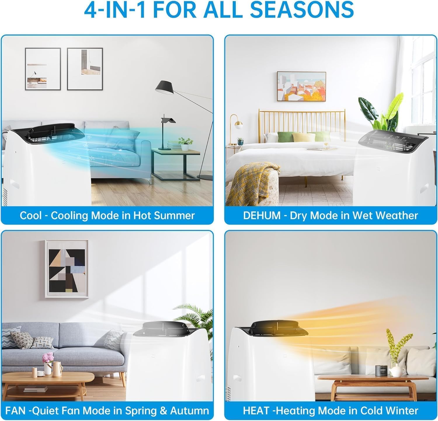 14,000 BTU Portable Air Conditioner with Heater, 4 in 1 AC Unit for Living Room with Cooling, Dehumidifier & Fan, Quiet Mobile AC with Remote Control, Cooling & Heating for Rooms Up to 750 Sq.Ft