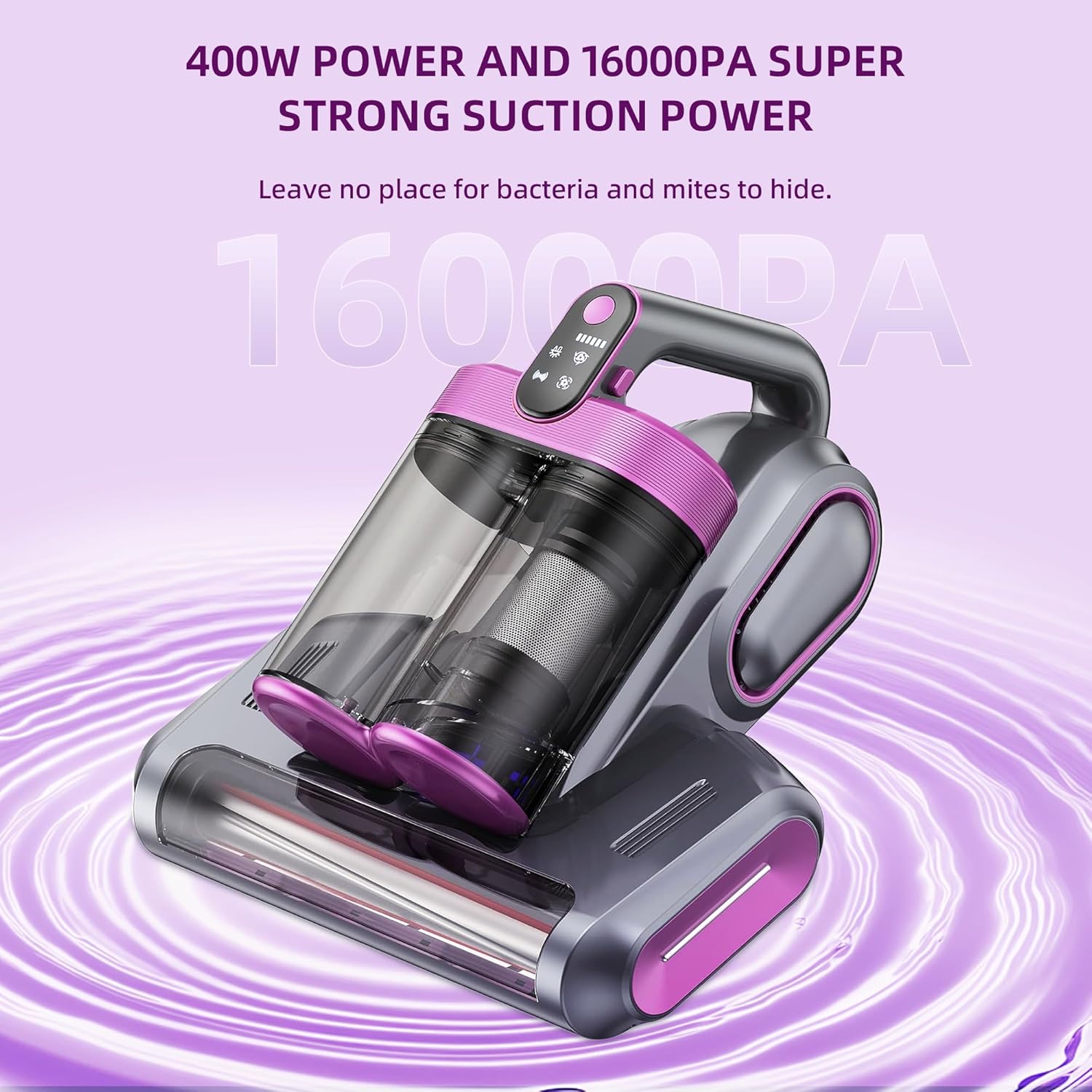 Mattress Vacuum Cordless with 16Kpa Suction & HEPA Dust Cups, 253.7nm UV-C Light & Ultrasonic, Low Noise Widened Suction Port Handheld Vacuum for Bed Pillows Couch Car Seat Rugs, Gray Purple