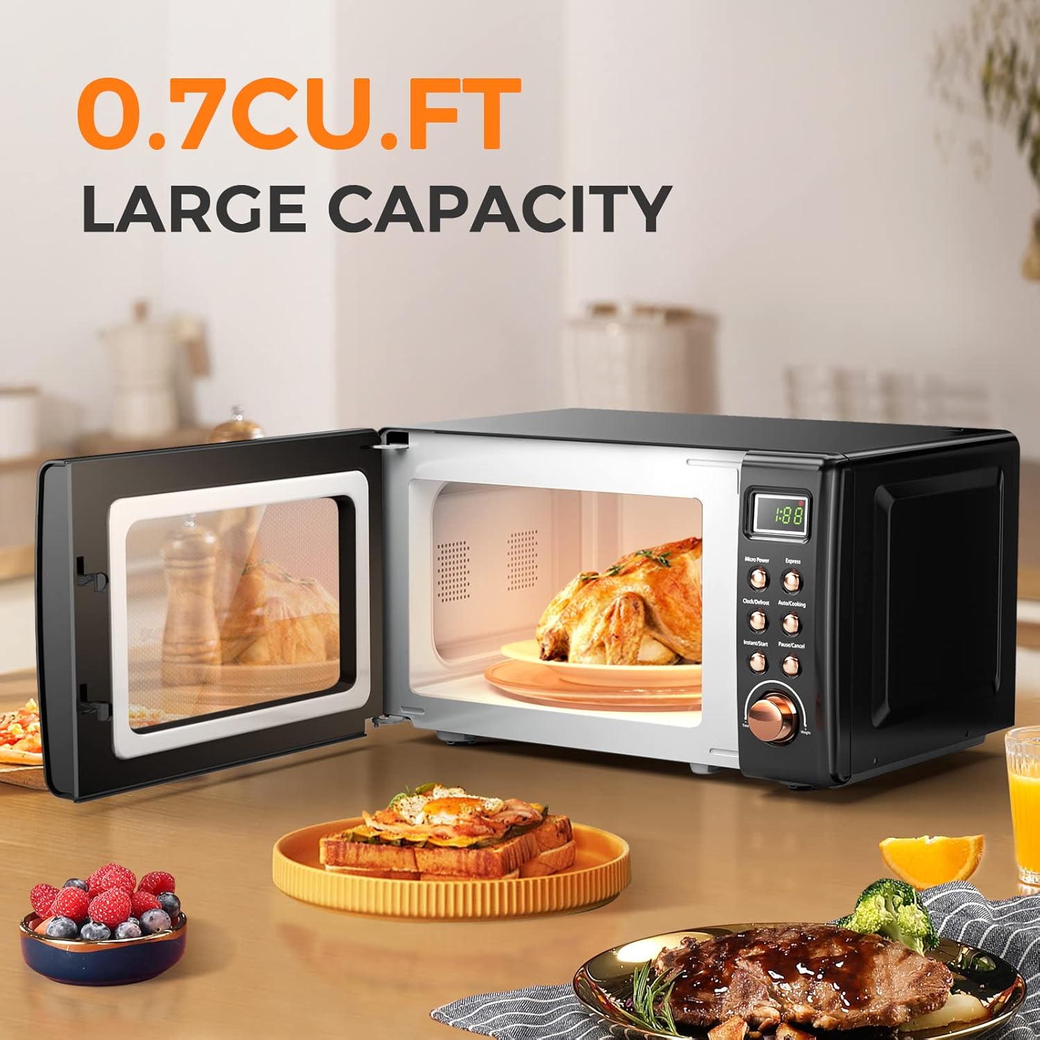 MAT EXPERT 0.7 Cu.ft Compact Microwave Oven, Digital Timing & Child Lock, Small Microwave w/Glass Turntable & 6 Preset Buttons, Delayed Start Function, 700W Mini Microwave w/5 Micro Power (Golden)