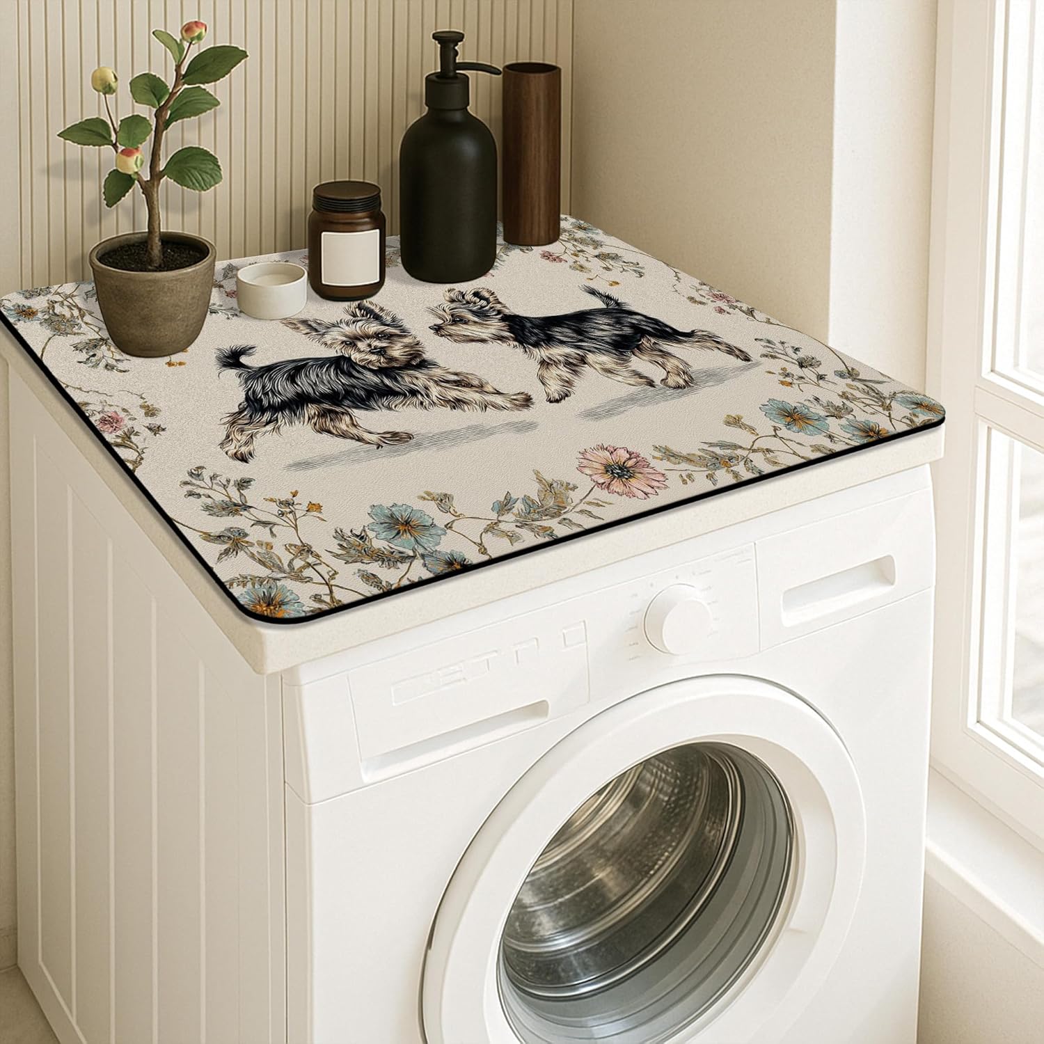 Yorkshire Terrier Washer Dryer Top Protector Mat, Vintage Floral Design Laundry Machine Dust Covers, Decorative Rubber Anti-slip Waterproof Washer And Dryer Mats for Home 24x24 Inch