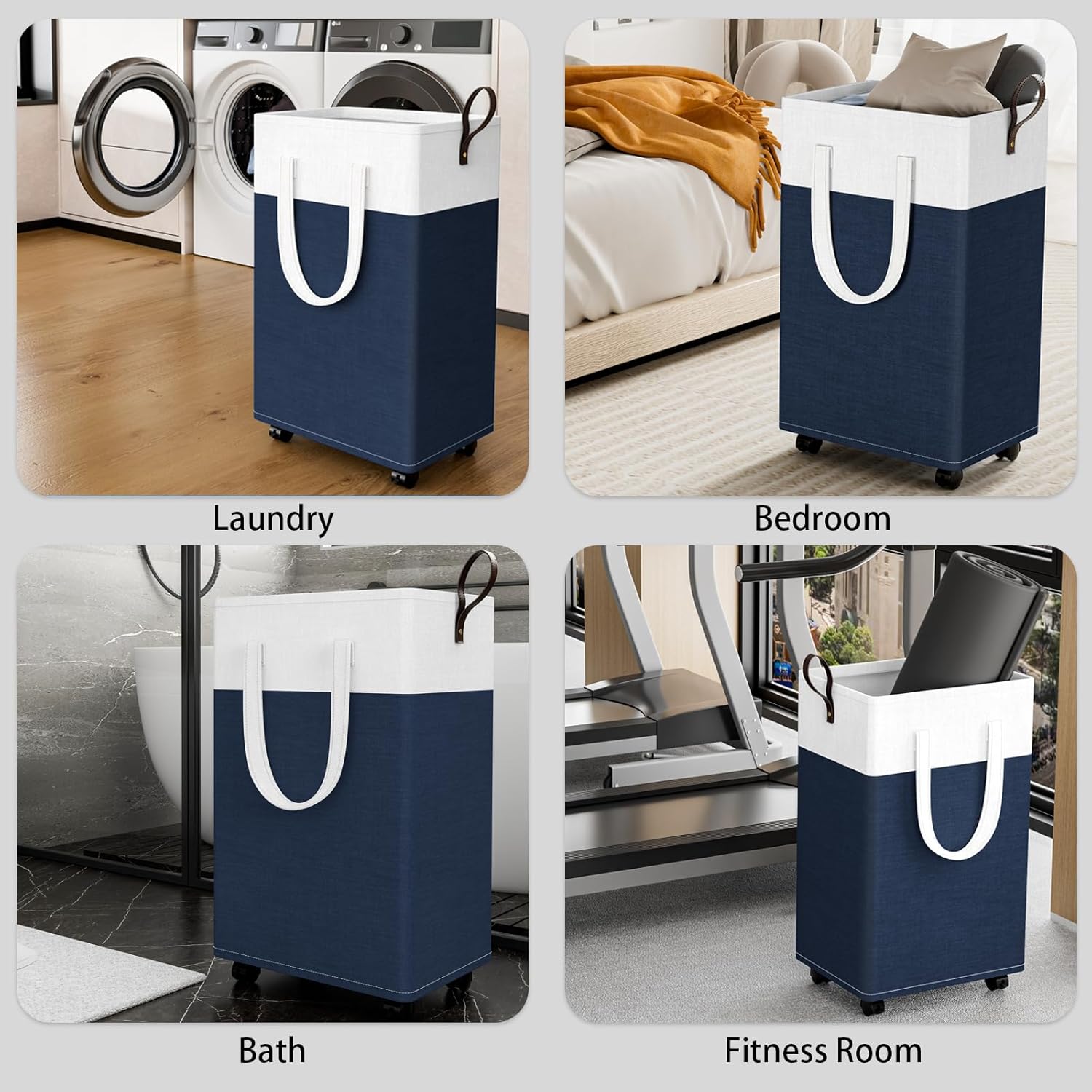 HomeHacks 90L Rolling Laundry Hamper with 4 Smooth Wheels, Collapsible Waterproof Clothes Basket, Freestanding Tall Hamper with Extended Handles for Bedroom/Dorm/Laundry Room (Blue)