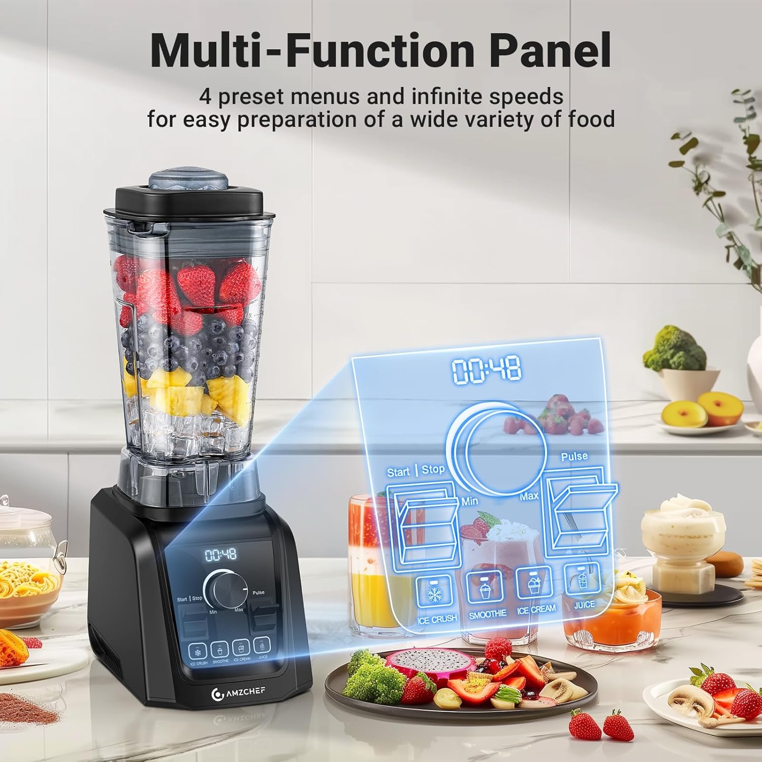 AMZCHEF Professional Blenders for Kitchen, 1800 W Smoothie Blender with Infinitely Variable Speed and 5 Functions, 68 oz Blender for Smoothies, Puree, Ice Crush, Ice Cream, Soup, Juice, Black
