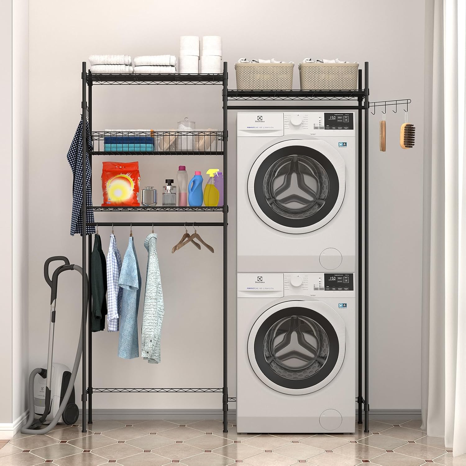 GarveeHome Over Washer and Dryer Shelves, 57.4 in W Laundry Room Clothes Drying Rack, Height Adjustable Towel Racks with Hamper and Hooks, Space Saving Laundry Room Organization and Storage