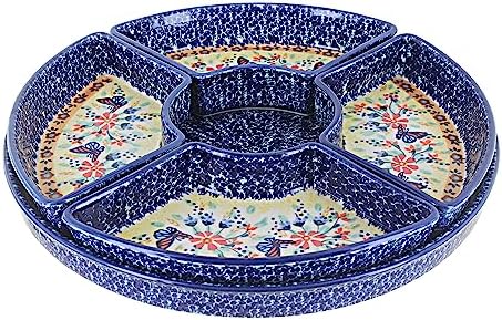 Blue Rose Polish Pottery Blue Butterfly Tray with 4 Plates