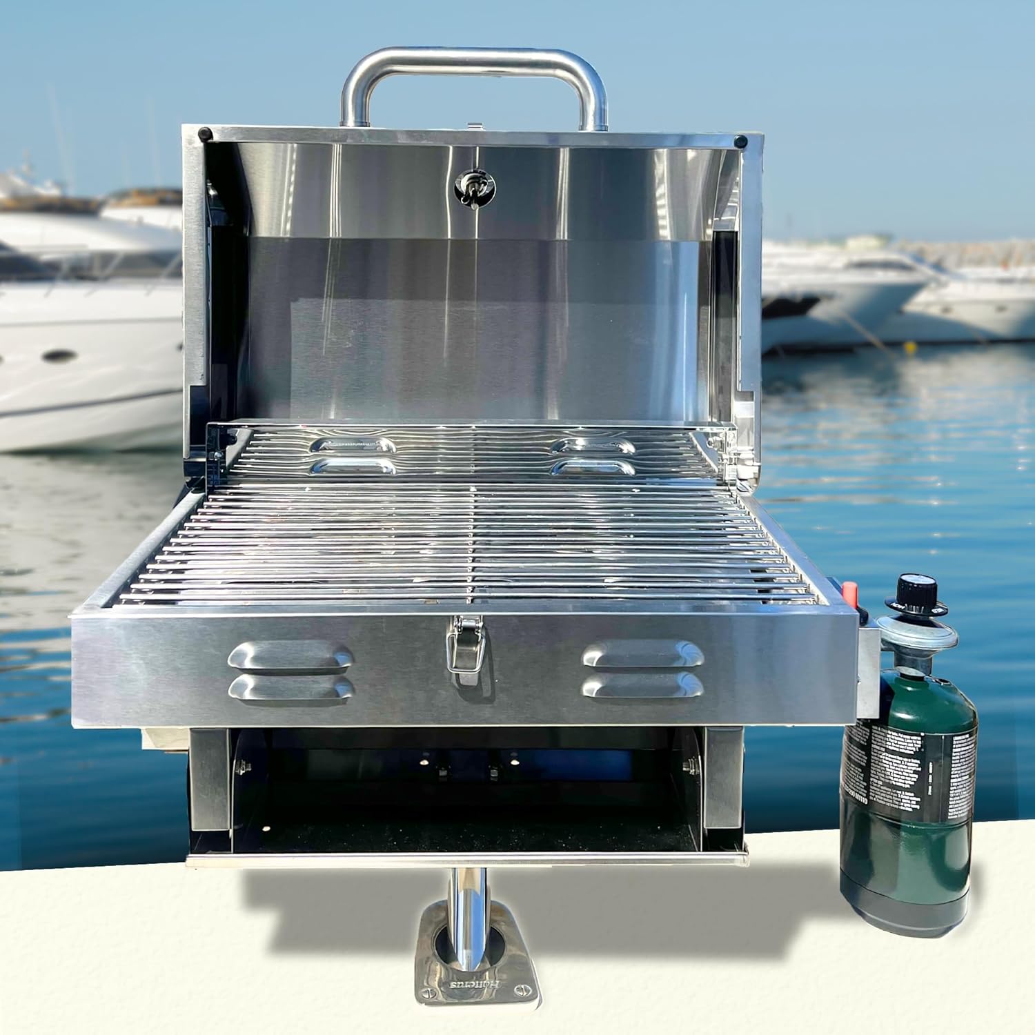 Bunker Up Fishin Stainless Steel Boat Grill with Rod Holder Mount - Great for Boating Marine and Camping - Portable BBQ Grill | Tabletop Grill, 12000 BTU Burner, 246 sq.in Grilling Space