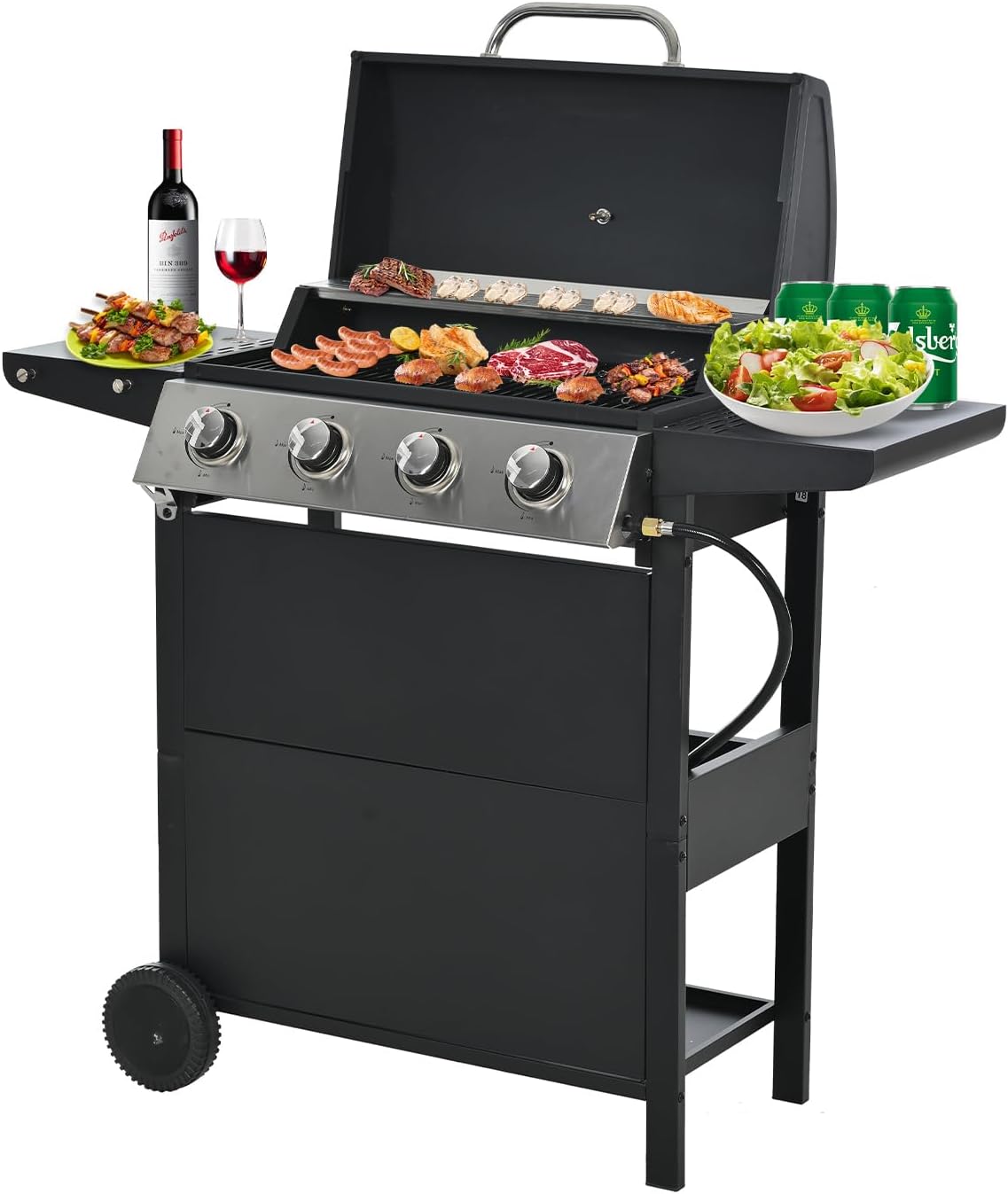 4-Burner Propane Gas Grill, 34,000 BTU Stainless Steel BBQ Grill with Piezo Ignition & Side Shelves, Built-in Thermometer, Porcelain-Enamel Grates, Outdoor Barbecue Grill for Backyard, Garden, Patio