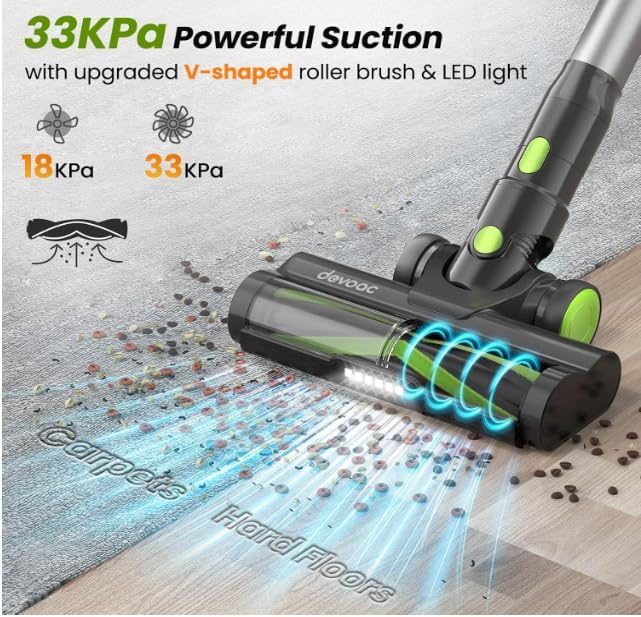 Black and Green Cordless Vacuum Cleaner 33KPa Strong Suction 8-in-1 LED Display Handheld Stick Vacuum for Hard Floors Carpet Pet Hair with 265W Brushless Motor & 45min Runtime