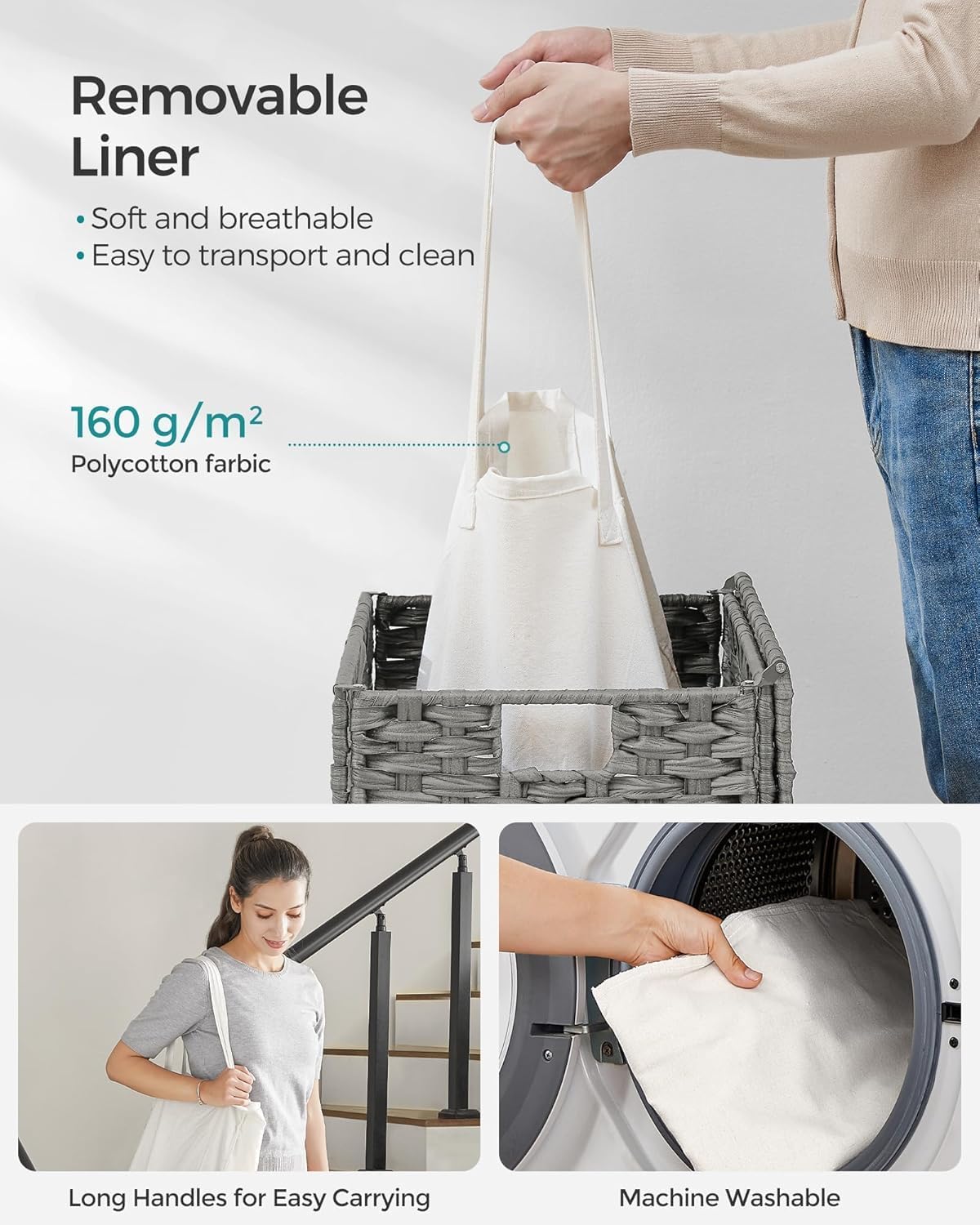 Laundry Basket with Lid, 110 L Large Capacity Hamper, Rattan Laundry Basket with Compartments & Handles, Foldable, Removable Liner, Dove Gray