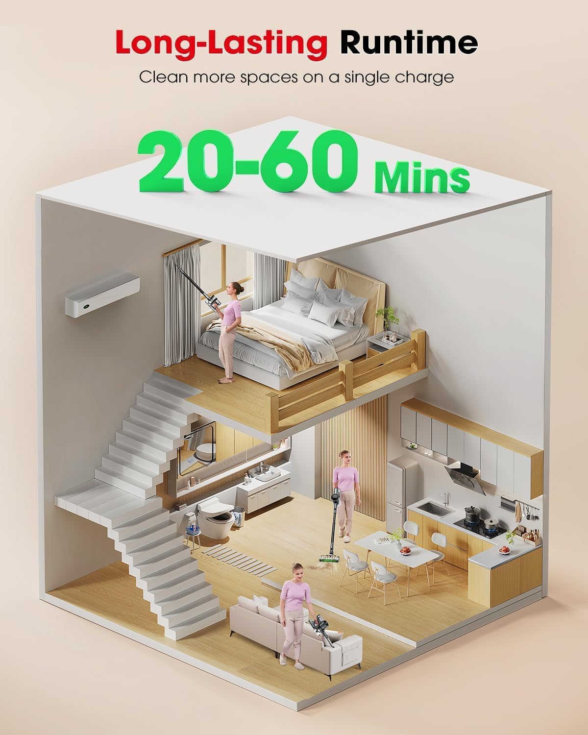 Cordless Vacuum Cleaners for Home, G26 Vacuum Cleaner, 45KPA Powerful Suction, Up to 60 Minutes, Tangle-Resistant, Rechargeable Stick Vac with Wall Mount for Pet Hair, Hardwood Floors