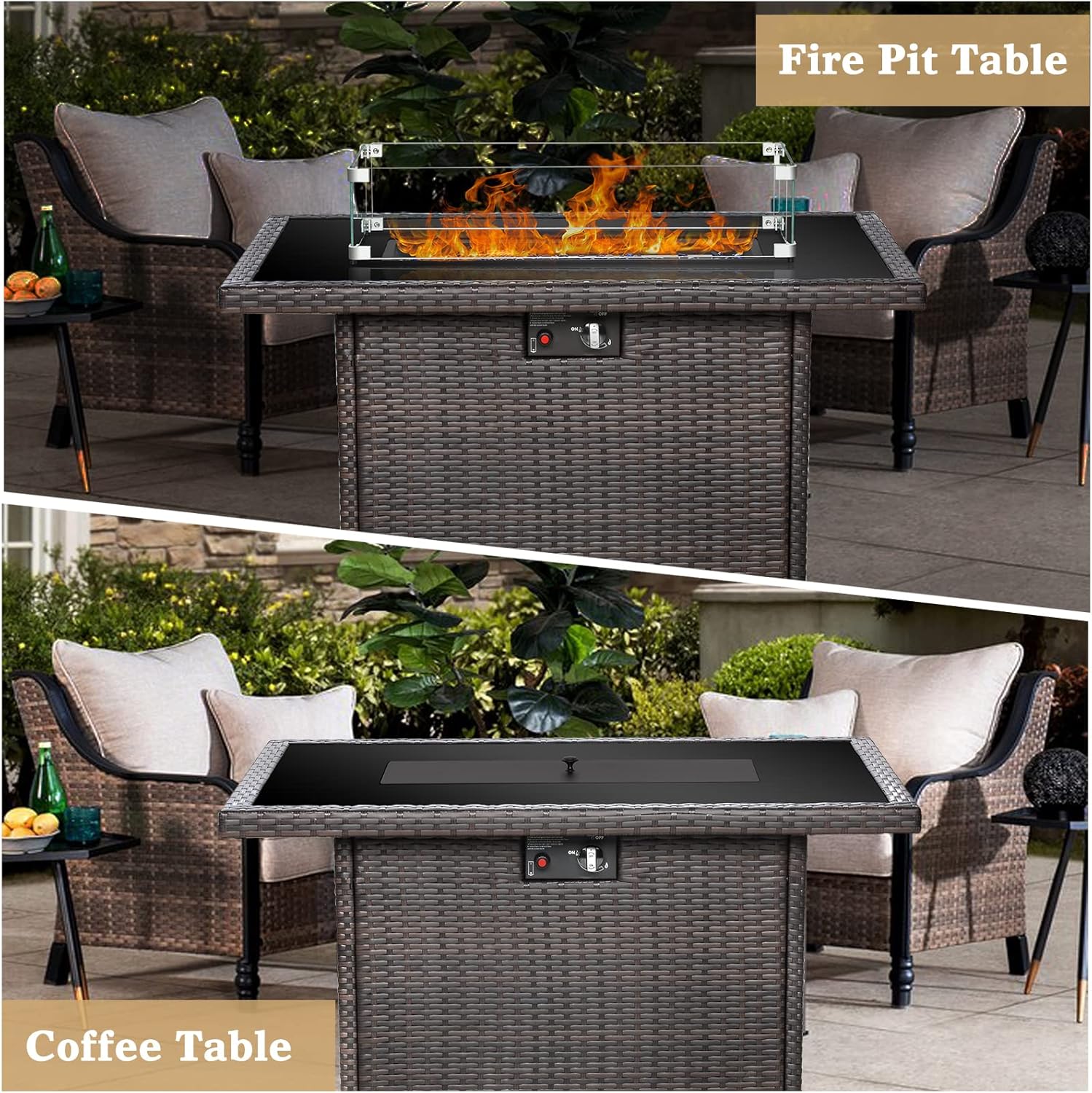 Propane Fire Pit Table,44 Inch 55000 BTU Outdoor Gas Fire Pit Rectangular with Glass Wind Guard for Outside Patio Deck (Brown-Glass Top)