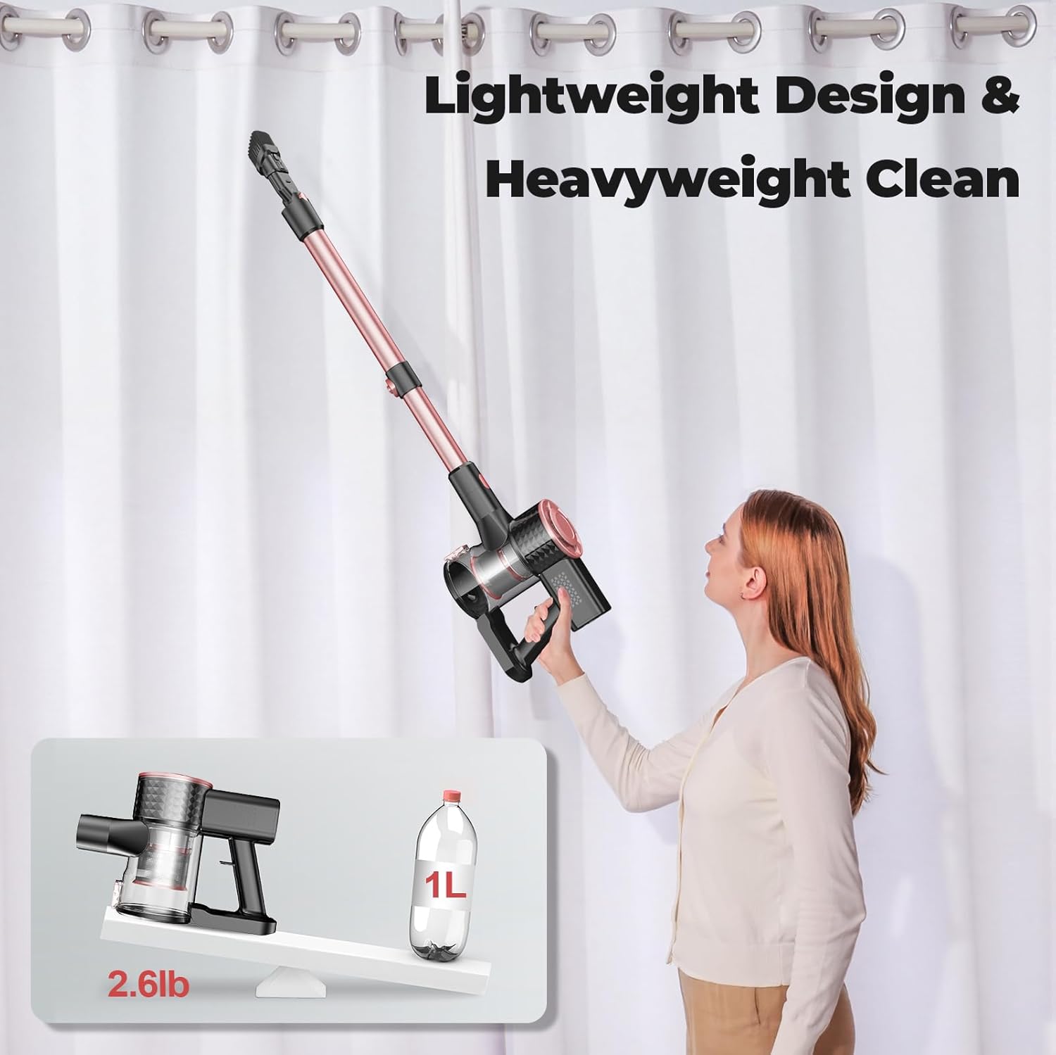 Cordless Vacuum Cleaner, Powerful Lightweight Stick Vacuum with Self-Standing, Anti-Tangle, 8-in-1 Rechargeable Vacuum Cleaners for Home, Hardwood Floors, Carpet, Pet Hair (Pink)