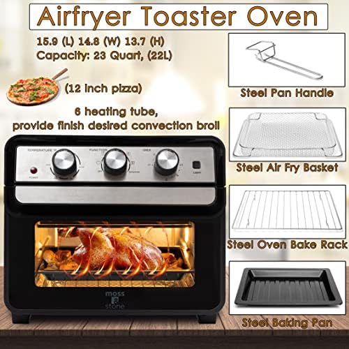 Moss & Stone Air Fryer Oven, 6-in-1 Toaster Oven 23 Quart, Airfryer Toaster Oven For Roast, Bake, Broil, Stainless Steel Accessories Included, Black Convection Oven Countertop.
