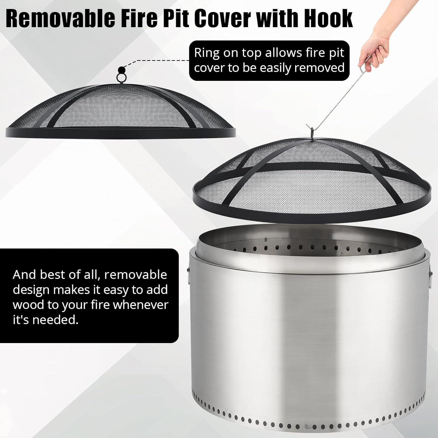 GarveeLife Fire Pit Spark Screen Cover for Campfires - Easy Lift Stainless Steel, Mesh Protector, Guide Rod Included, Outdoor Patio & Backyard Accessory, Black，36 * 36 * 7 in